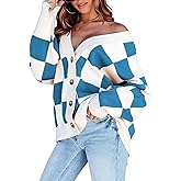 Dokotoo Womens Plaid V Neck Button Down Long Sleeve Cable Knit Oversized Cardigan Sweaters Tops