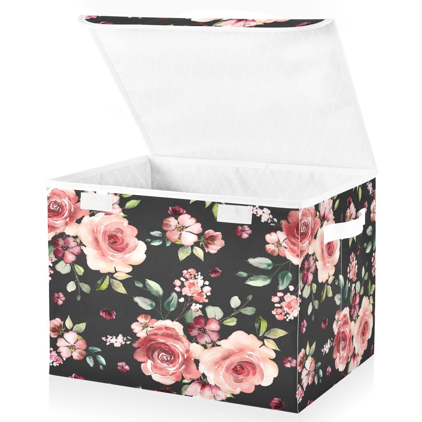 Mnsruu Storage Boxes with Lids, Shaby Chic Rose Peony Dark Grey Large Storage Basket Organizer Shelves Cube Bin Toy Clothes Underbed