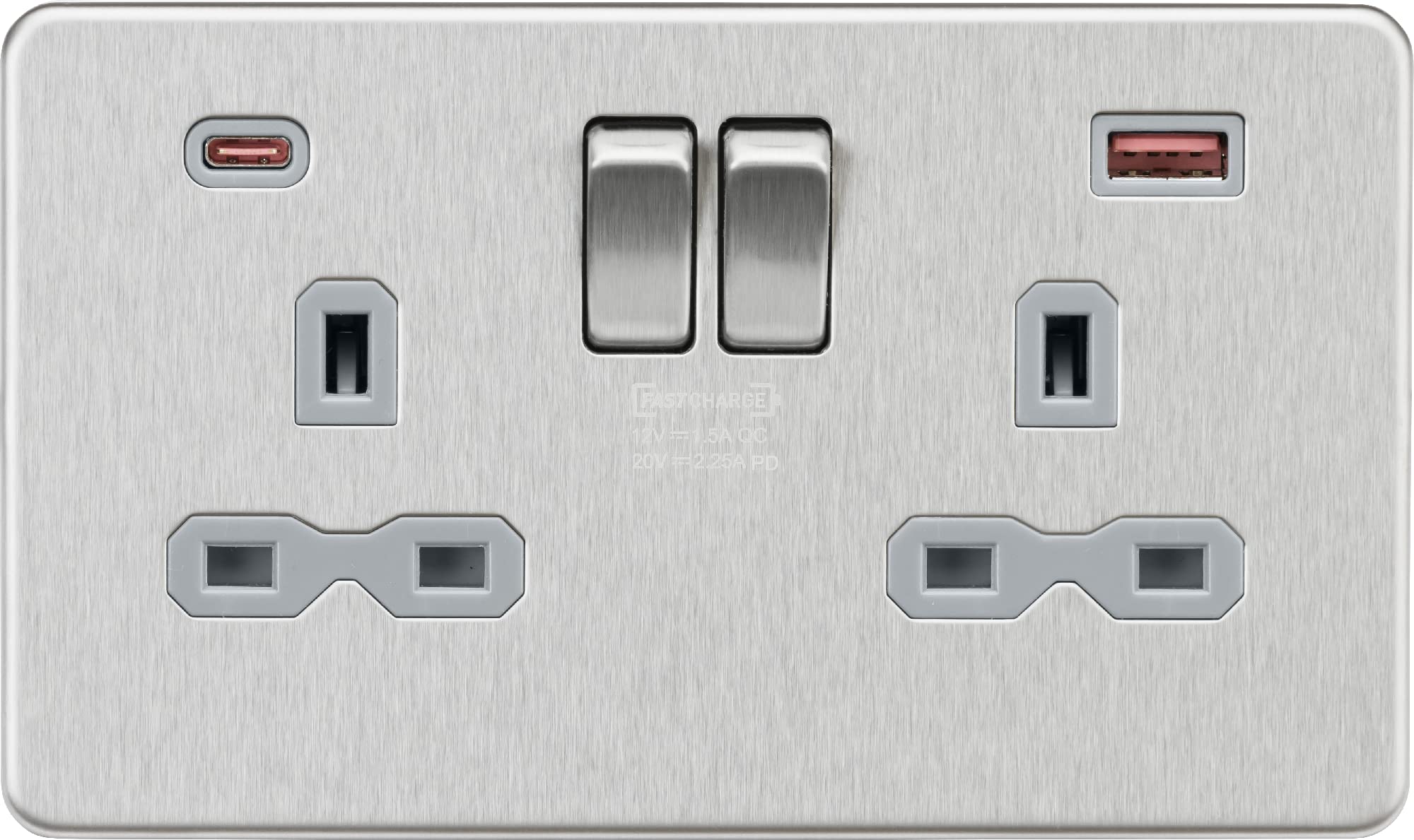 Knightsbridge 13A 2G DP Switched Socket with Dual USB A+C [45W FASTCHARGE] - Brushed Chrome with grey insert