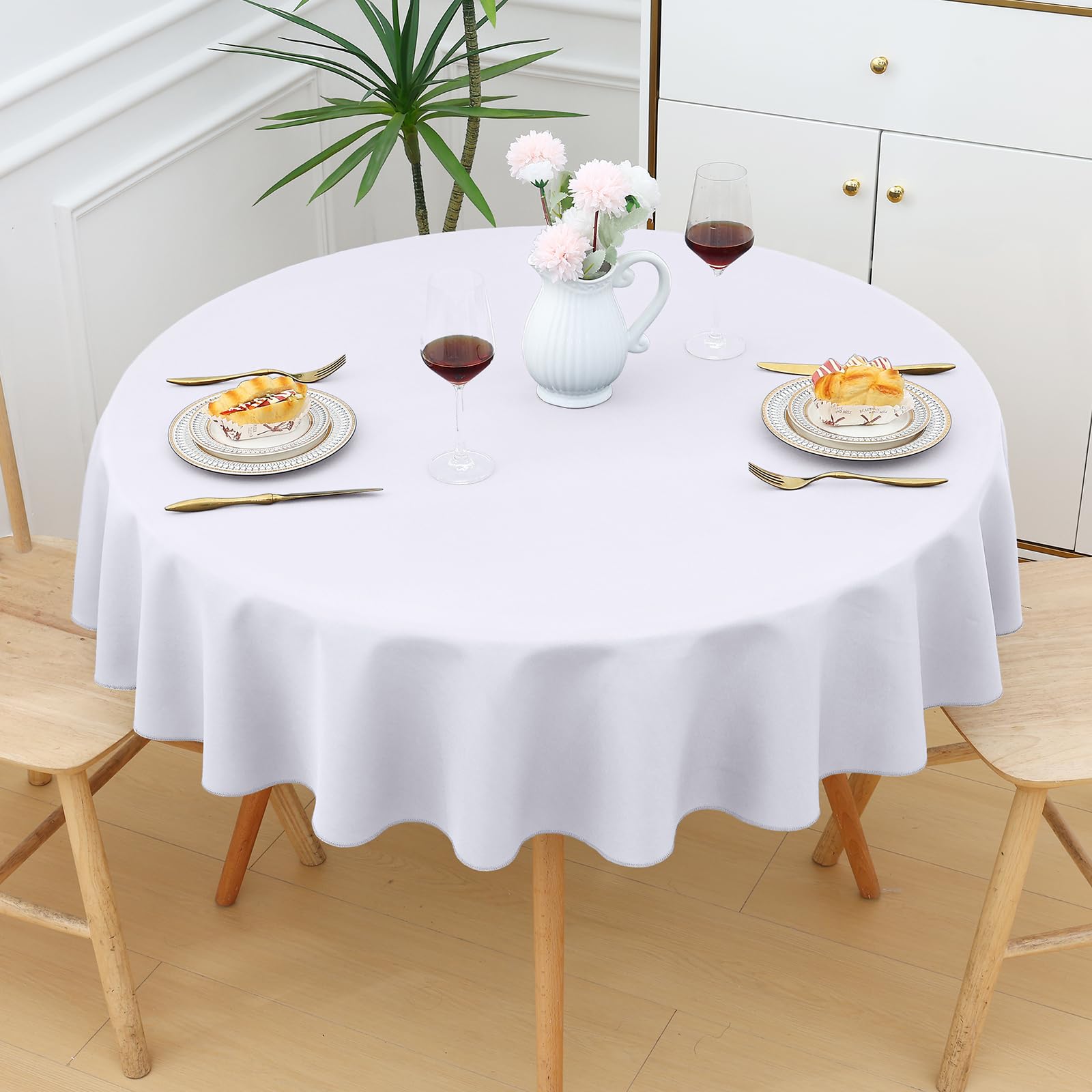 smiry Table Cloth Wipe Clean Round 150 cm, Wipeable Water Resistant Polyester Tablecloth, Washable Fabric 4 to 6 Seater Dining Table Cover for Kitchen Indoor Outdoor, White — image 1