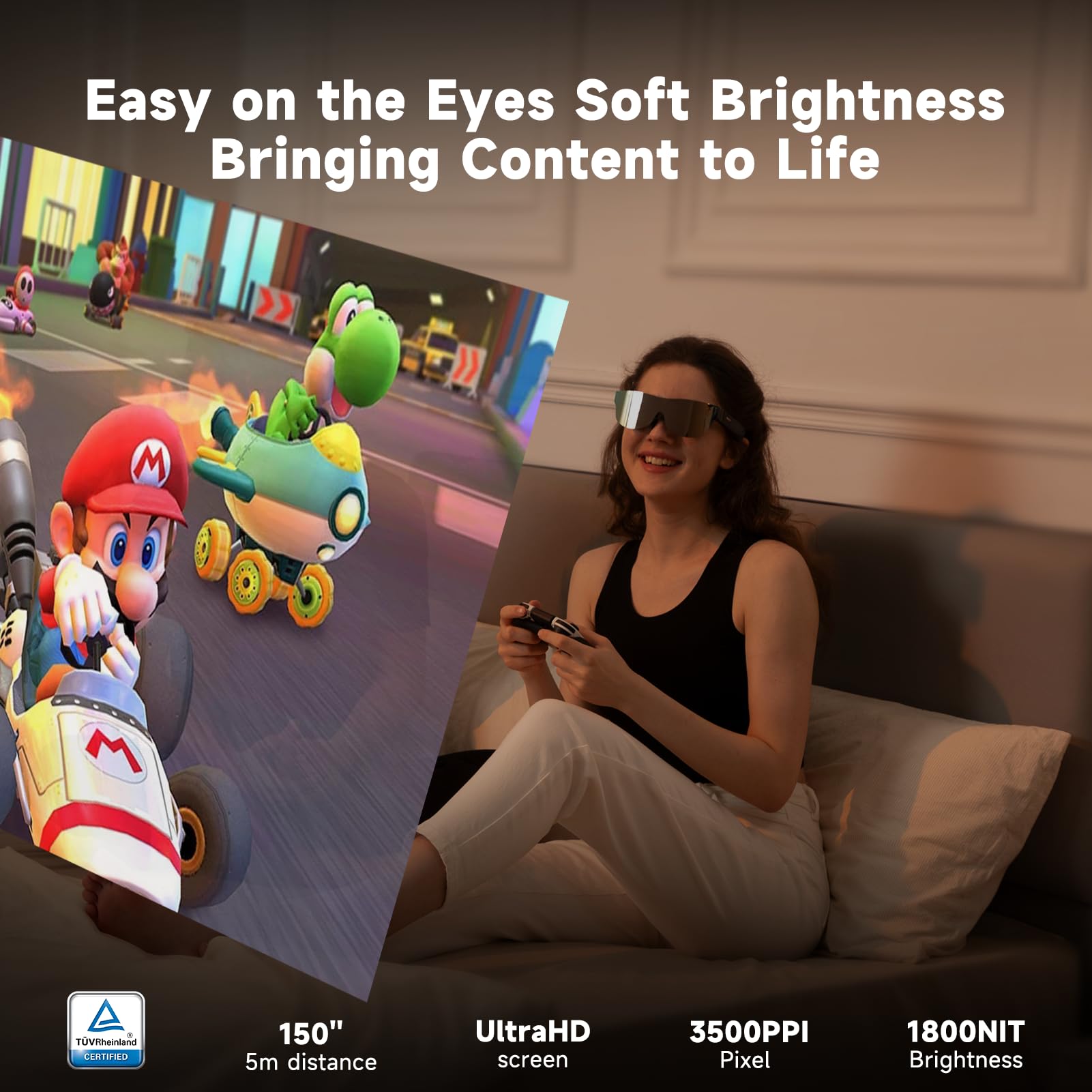 TQSKY T1 AR Glasses C-Port Direct Connection, Smart Glasses with 150'' 1080P HD Screen, up to 600D Myopia Adjustment, for Large-Screen Entertainment, Home Theater, Travel, Outdoor Camping