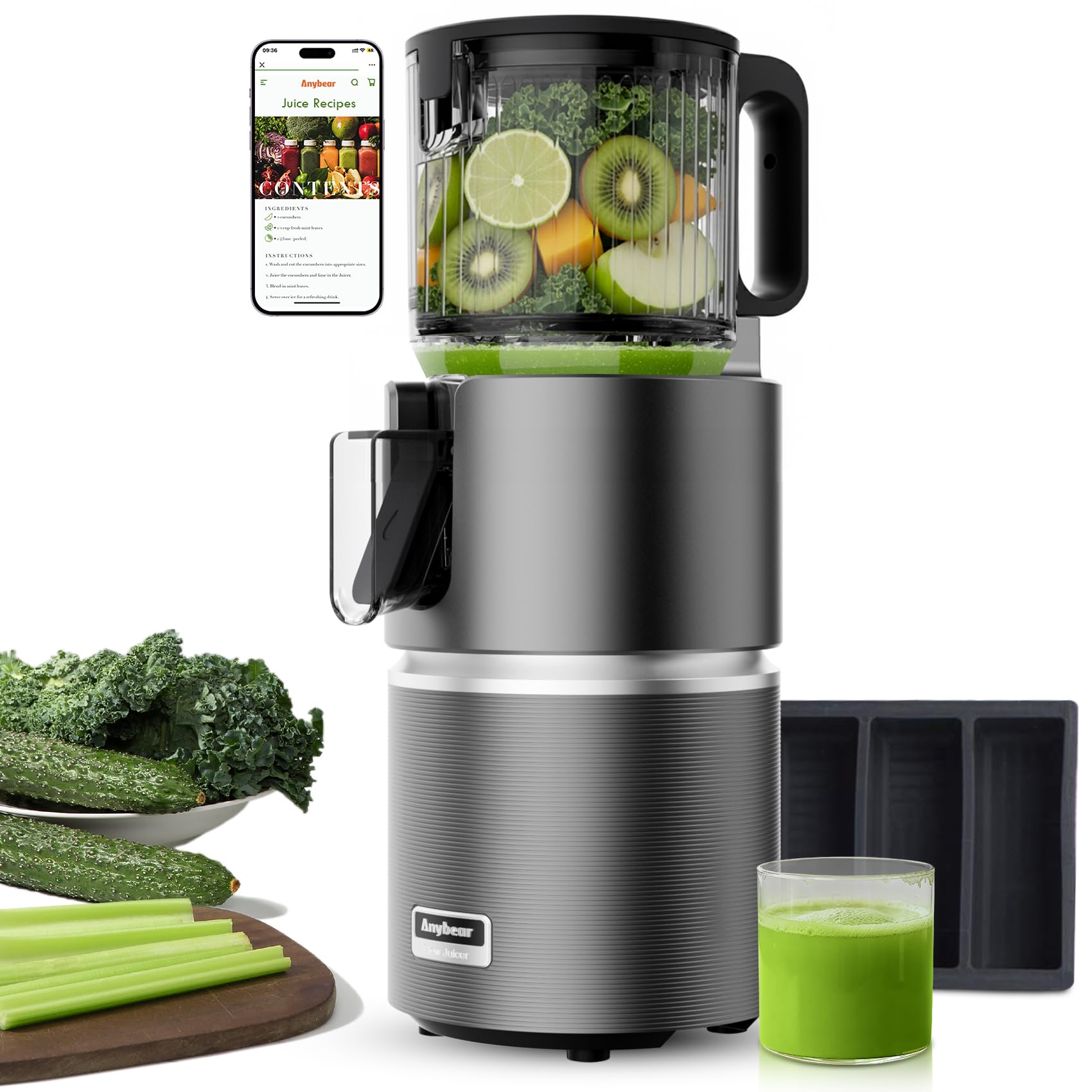Photo 1 of Anybear Cold Press Juicer with 4.9" Large Feed Chute, 350W Masticating Juicer Machines with Dual Slow-Squeezing Technology for Whole Fruits & Veggies with High Yield | BPA-Free Tritan | Juice Recipes