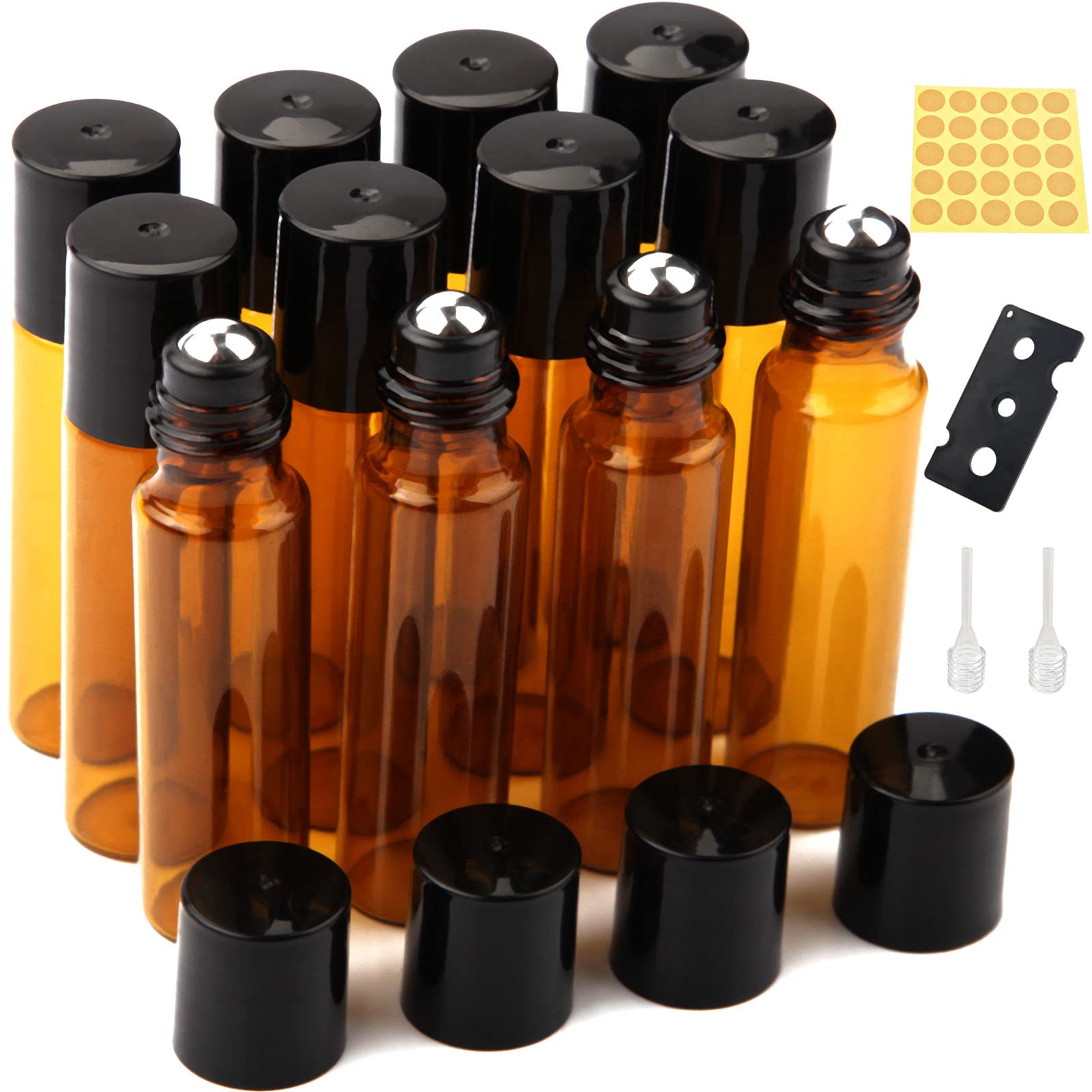 DKBT Essential Oil Roller Bottles 12Pcs 10ml Empty Rollerball Bottle Roll on Bottles with Stainless Steel Roller Balls Amber Glass for Essential Oils,Perfumes,Cosmetics,Aromatherapy Massage
