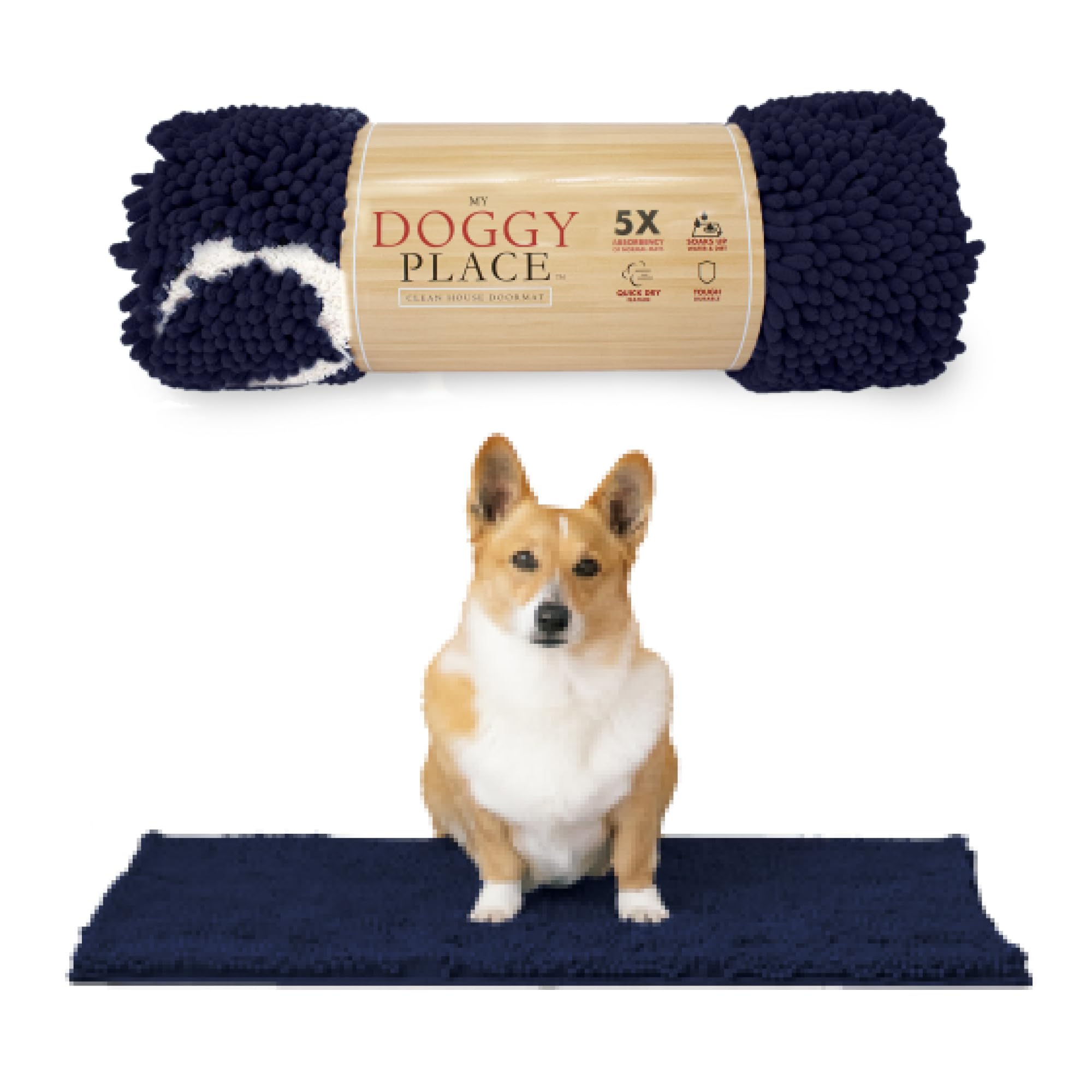 My Doggy Place - Ultra Absorbent Microfiber Dog Door Mat, Durable, Quick Drying, Washable, Prevent Mud Dirt, Keep Your House Clean (Navy Blue w/Paw Print, Medium) - 31 x 20 inch