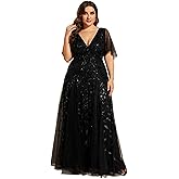 Ever-Pretty Women's Plus Size Sequin Embroidered Formal Evening Gown V-Neck Sheer Short Sleeve A-Line Mother of Biride Dress