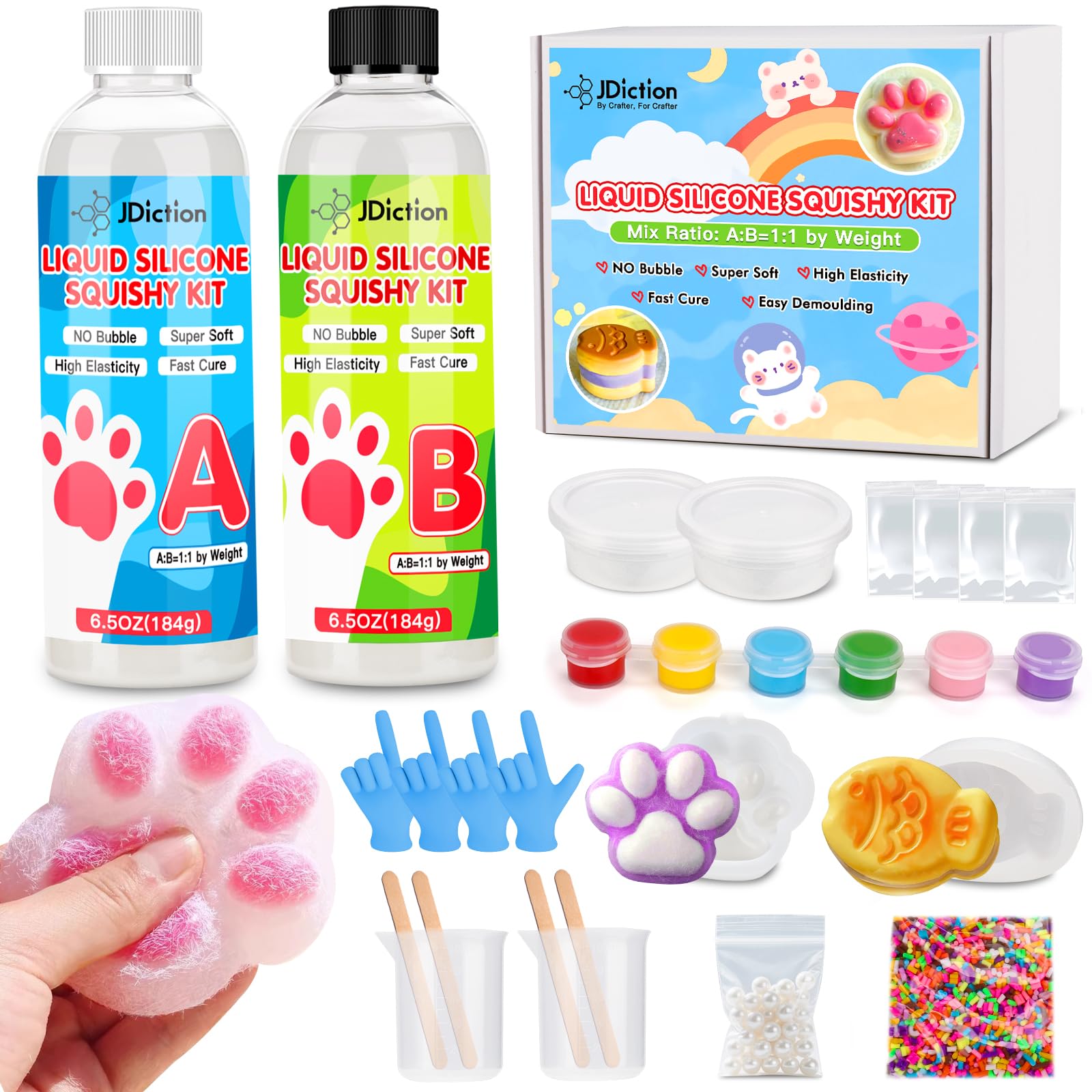 JDiction Taba Squishy Kit, Fast Cure Liquid Silicone Squishy Maker for Cat Paw Casting, Silicone Squishy DIY Stress Relief Toys & Gifts for Adults/Kids