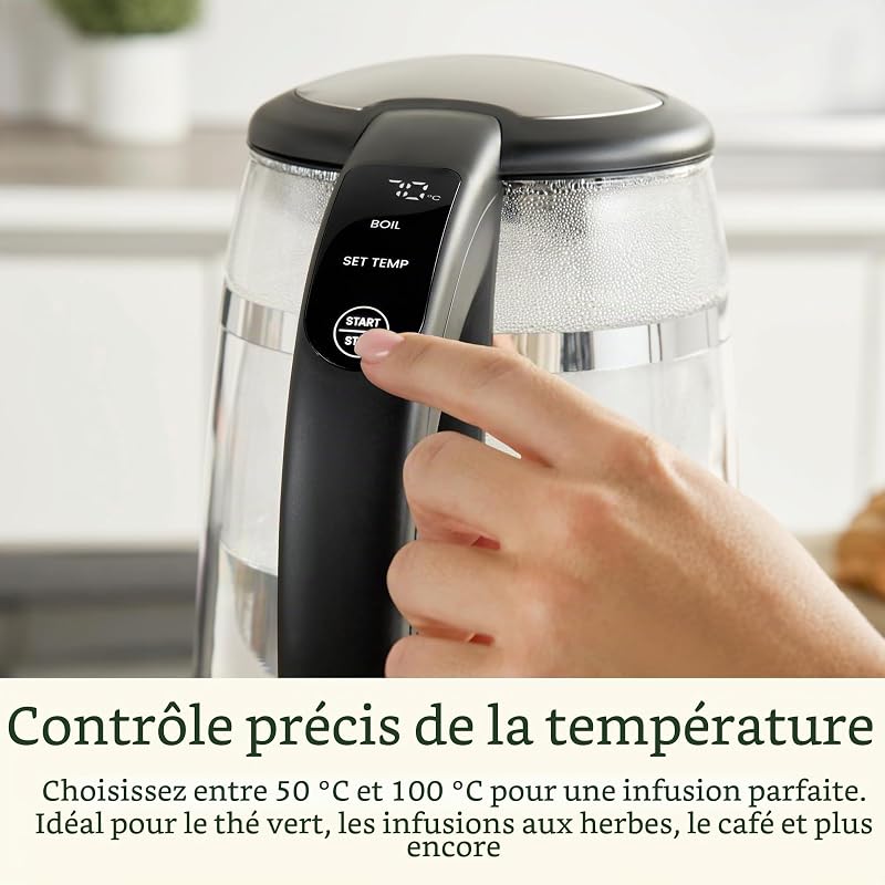 Bouilloire en verre 1,7 L à température variable. Ébullition rapide 3 kW, double paroi froide au toucher, sans BPA, Arrêt automatique, bec anti-goutte, base 360°