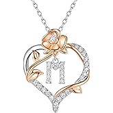 LynChoe Rose Heart Letter Initial Necklace for Women, S925 Sterling Silver Pendant Necklace Adjustable Dainty Rose Flower Jewelry Gift for Her
