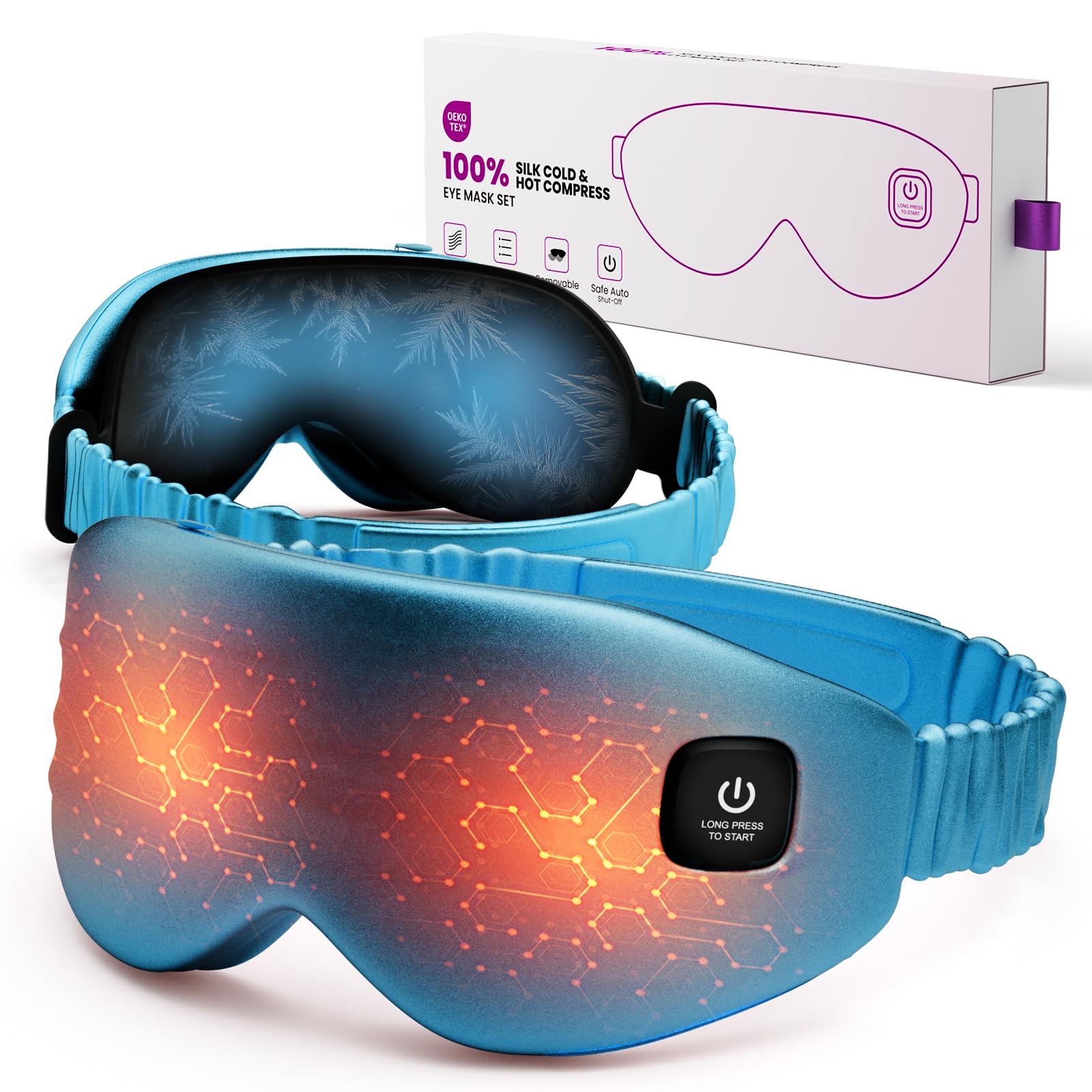 Photo 1 of 100% Silk Wireless Heated Eye Mask with Cooling - 3 Heat Settings, for Dry Eyes, Puffiness & Dark Circles - Adjustable, Washable, Travel-Friendly (Blue)