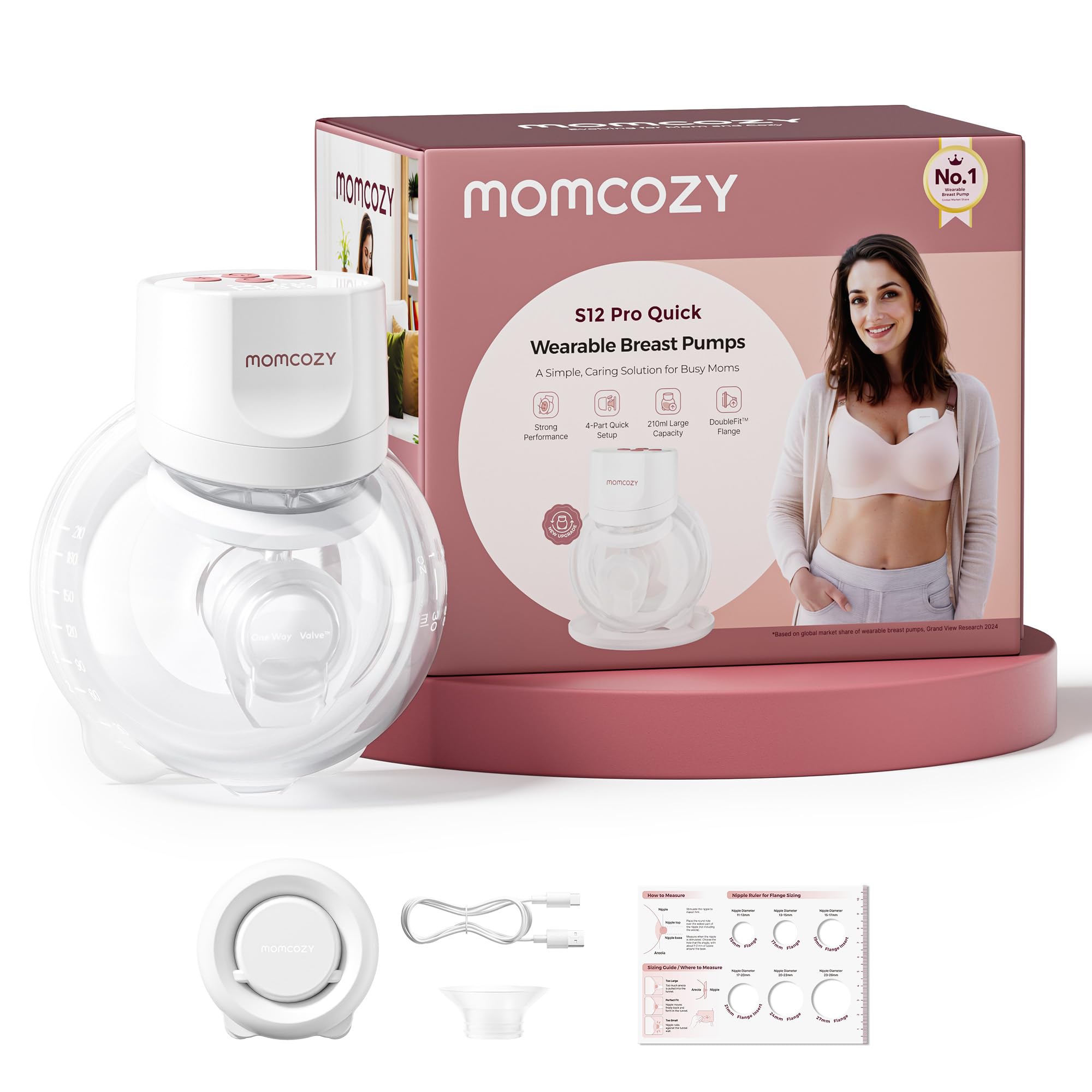 Momcozy Breast Pump S12 Pro Quick, Hands-Free Wearable & Wireless Pump, with DoubleFit Hybrid Flange, 3 Modes & 9 Levels Electric Pump Portable, Smart Display, 1 Count, Cozy White Image