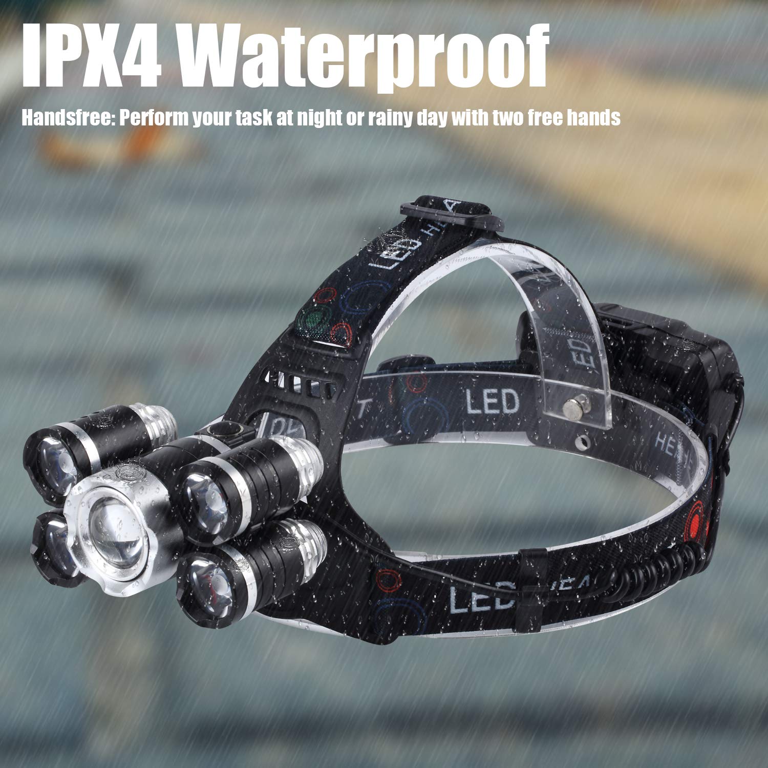 KKlite LED Rechargeable Headlamp Headlights - Brightest 6800 lumen Waterproof Work Head Flashlight included 18650 Batteries Car Charger Wall Charger and USB Cable for Camping Running Cycling Hiking