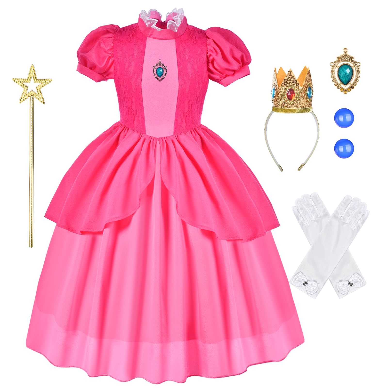 Aomig Peach Princess Costume for Girls, 6 Pcs Peach Fancy Dress Up with Crown Earrings Gloves Brooch Wand, Princess Peach Outfits Dress for Girls for Party Cosplay Birthday Halloween Christmas(110)