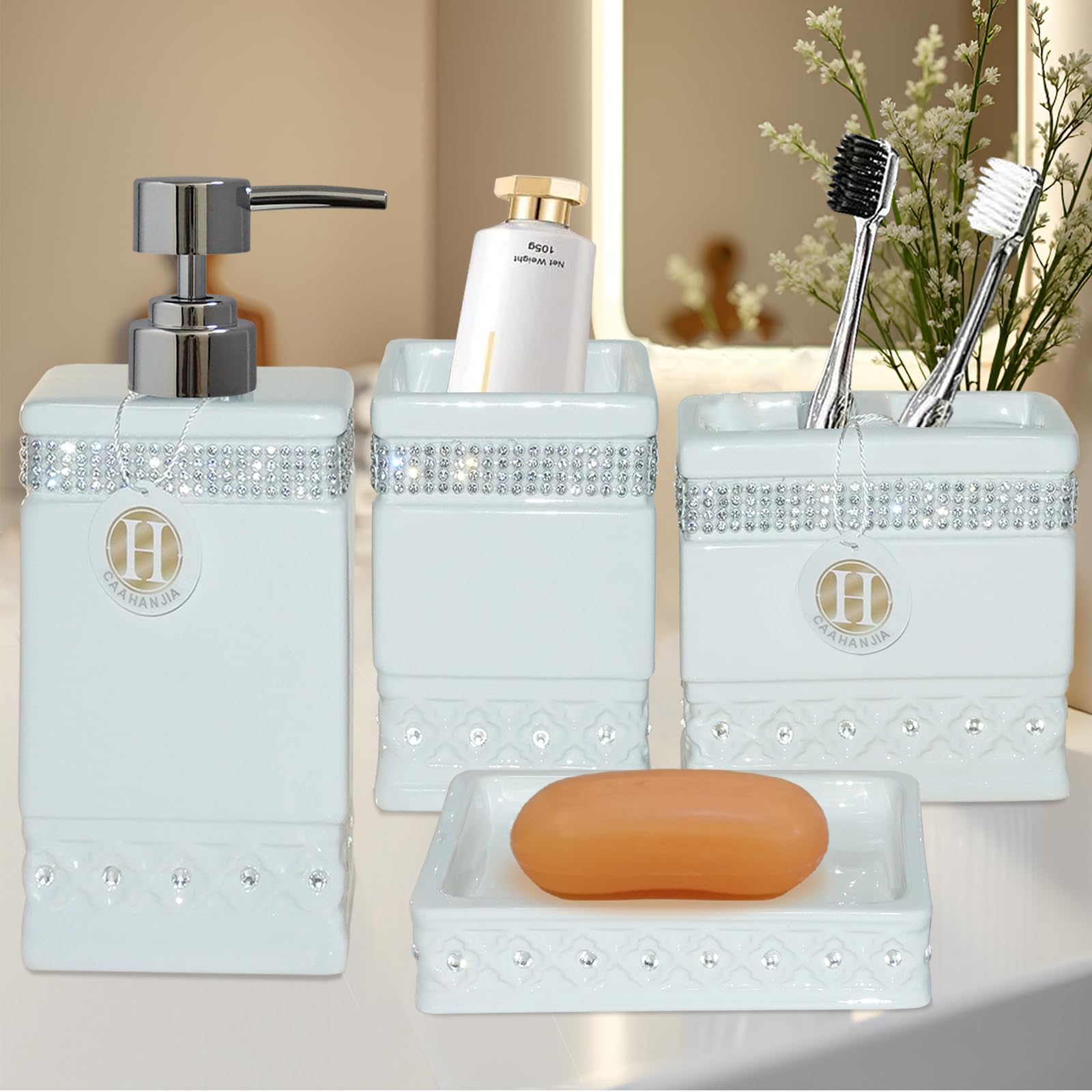CAAHANJIA Bathroom Accessories Set 4 Pcs-Ceramic Gift Soap Dispenser Pump & Toothbrush Holder Tumbler Cup Dish - Home Decor Clearance, Countertop Vanity Organize(White) (White05), JS52605