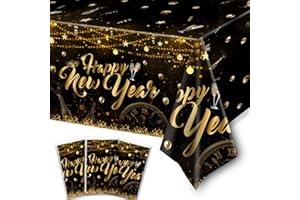 HAKOTI New Year Eve Tablecloth Decoration - 3pcs Waterproof Gold & Black Table Covers for 2025 New Year Eve Disposable Dinner Table Supplies