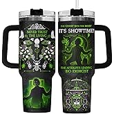 GEPOSTORE 40oz Horror-Inspired Tumbler with Handle – Gothic Afterlife Travel Mug – Green Black Horror Cup with Lid and Straw – Funny Halloween Birthday or Christmas Gift for Fans of the movie