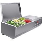 Commercial Refrigerated Condiment Prep Station w/ Steel Guard, 14.8QT, ETL | 130W Countertop Salad Bar w/ 1 x 1/3+ 4 x 1/6 Pans, 35-46℉ Temp Range, Auto Defrost, for Restaurant, Cafe, Food Truck, 38&rdquo;