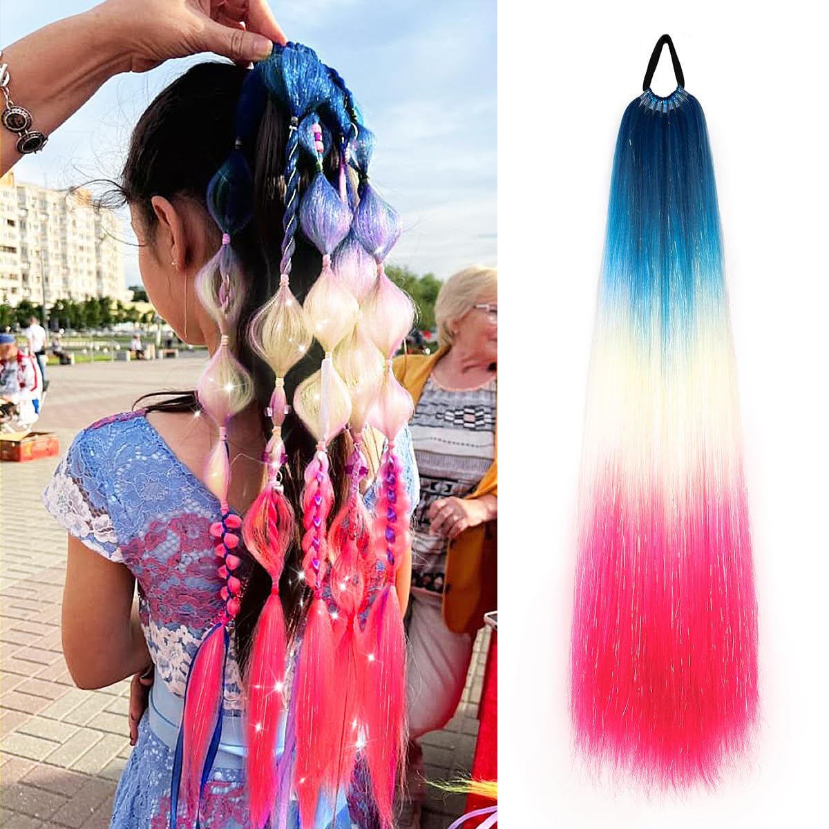 Rainbow Ponytail Extensions With Hair Tie 1 Packs 100g Coloured Hair Extensions for Braiding 26 inch Colorful Ombre Mermaid Pony Tail Synthetic Hair Extensions for Girl Women(#3-13) โ image 1