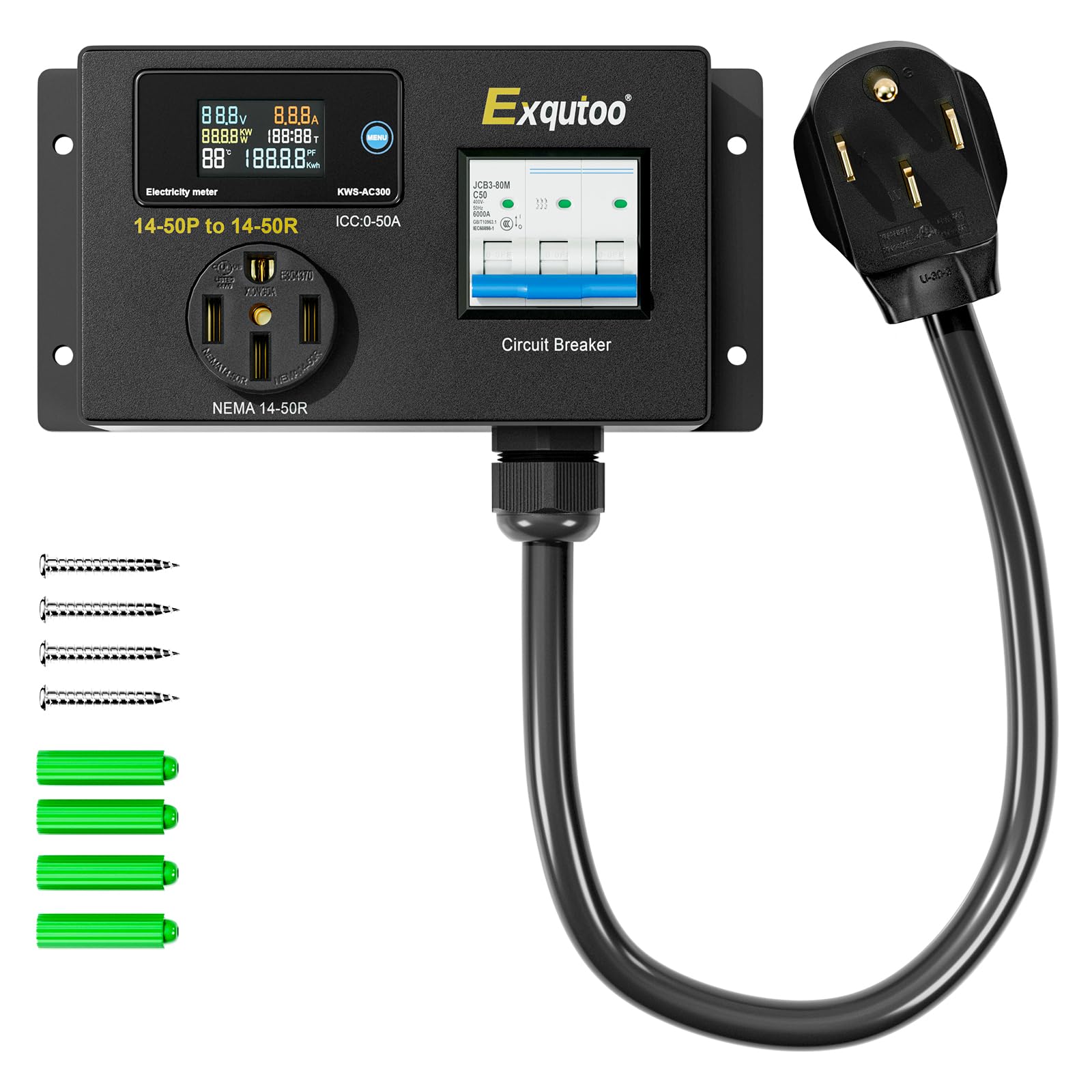 Photo 1 of Exqutoo AC Power Meter, 120/240 VAC NEMA 14-50P to NEMA 14-50R Outlet with Breaker & Voltmeter, LCD Digital Real-Time Display, Multifunction Monitor Outlet for RVs & Generators, 50 A, with Screws