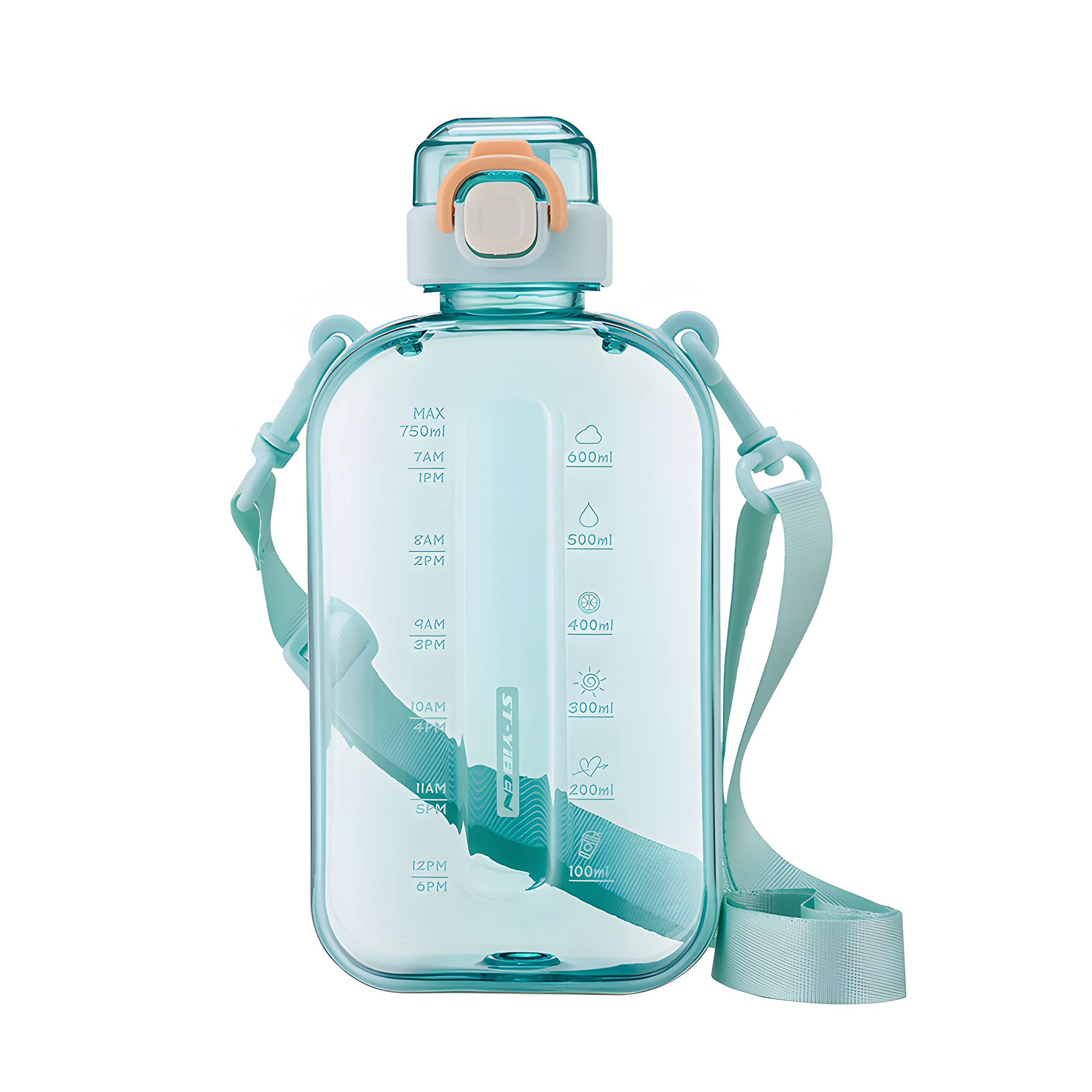 SEASEVEN Flat Water Bottle 750ML,Plastic Drinks Bottle,Sports Water Bottles with Time Markings,Girls Boys Waterbottle Leak-Proof & Bpa-Free for Gym,Cycling, Office, Outdoor(Flat Green) — image 1