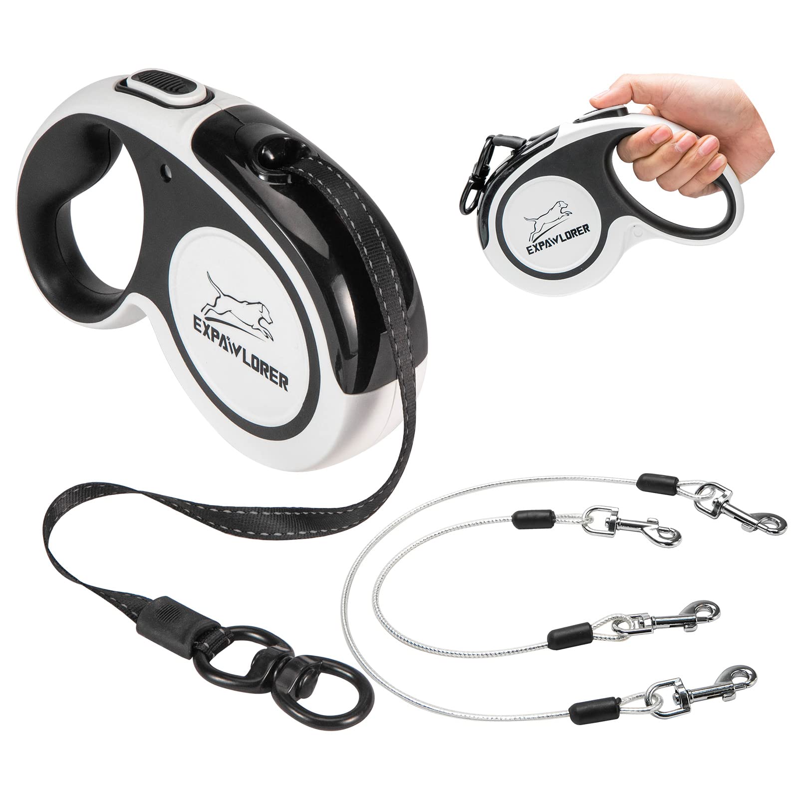EXPAWLORER Chew Proof Retractable Dog Lead - Reflective Double Extendable Dog Lead for 2 Dogs No Tangle with 2 Steel Wire Ropes, 5M/16FT Heavy Duty Dual Pet Leash for Small Medium Large Breeds