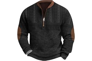 MGWTFZDL Mens Quarter Zip Sweater with Elbow Patches Long Sleeve Polo Shirts Vintage Waffle Sweatshirts