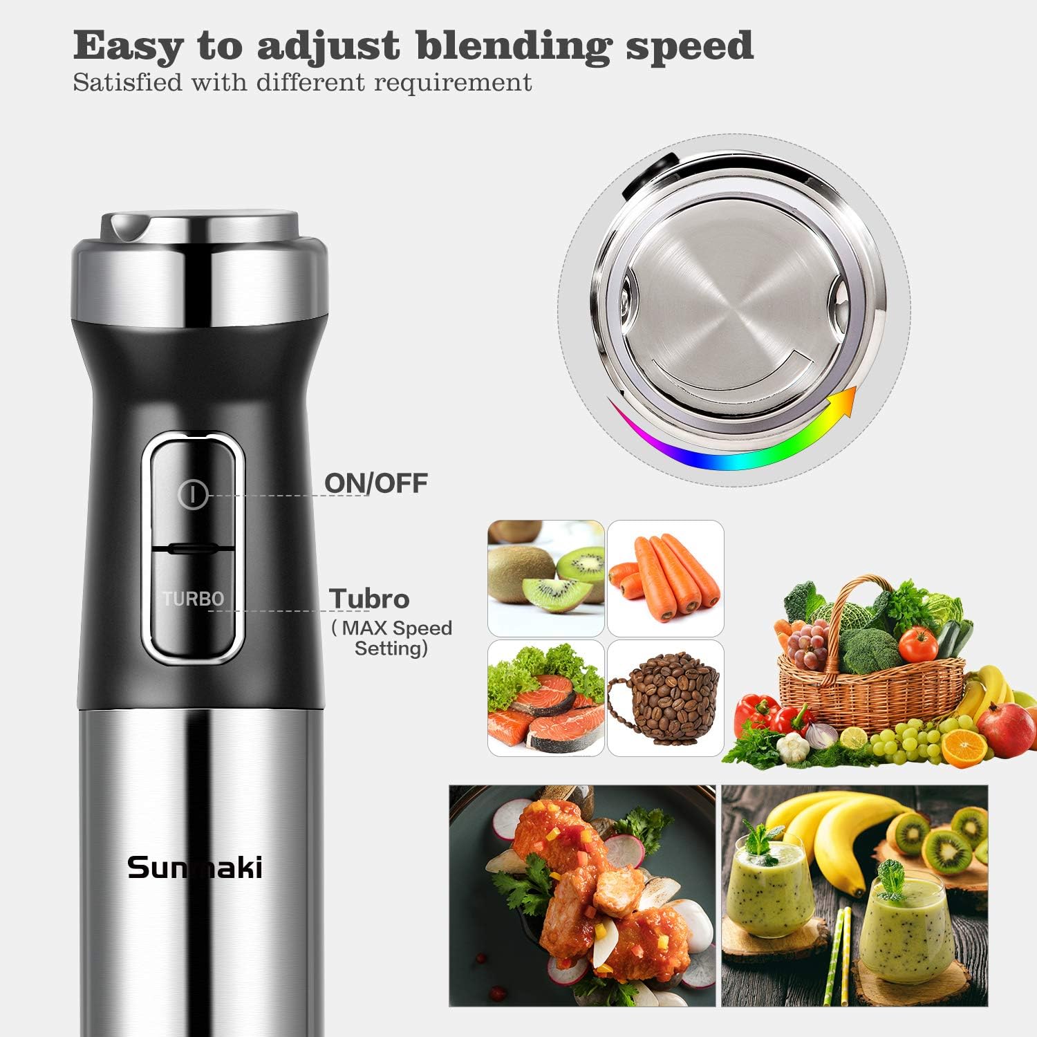 Sunmaki 4 in 1 Hand Blender multi function, Immersion blender, Speed Adjustable Stainless Steel Stick, Egg Whisk, Baby Food/Juice/Smoothies Maker, Minced meat, 500ml Food Chopper, 800ml Container: Kitchen & Dining