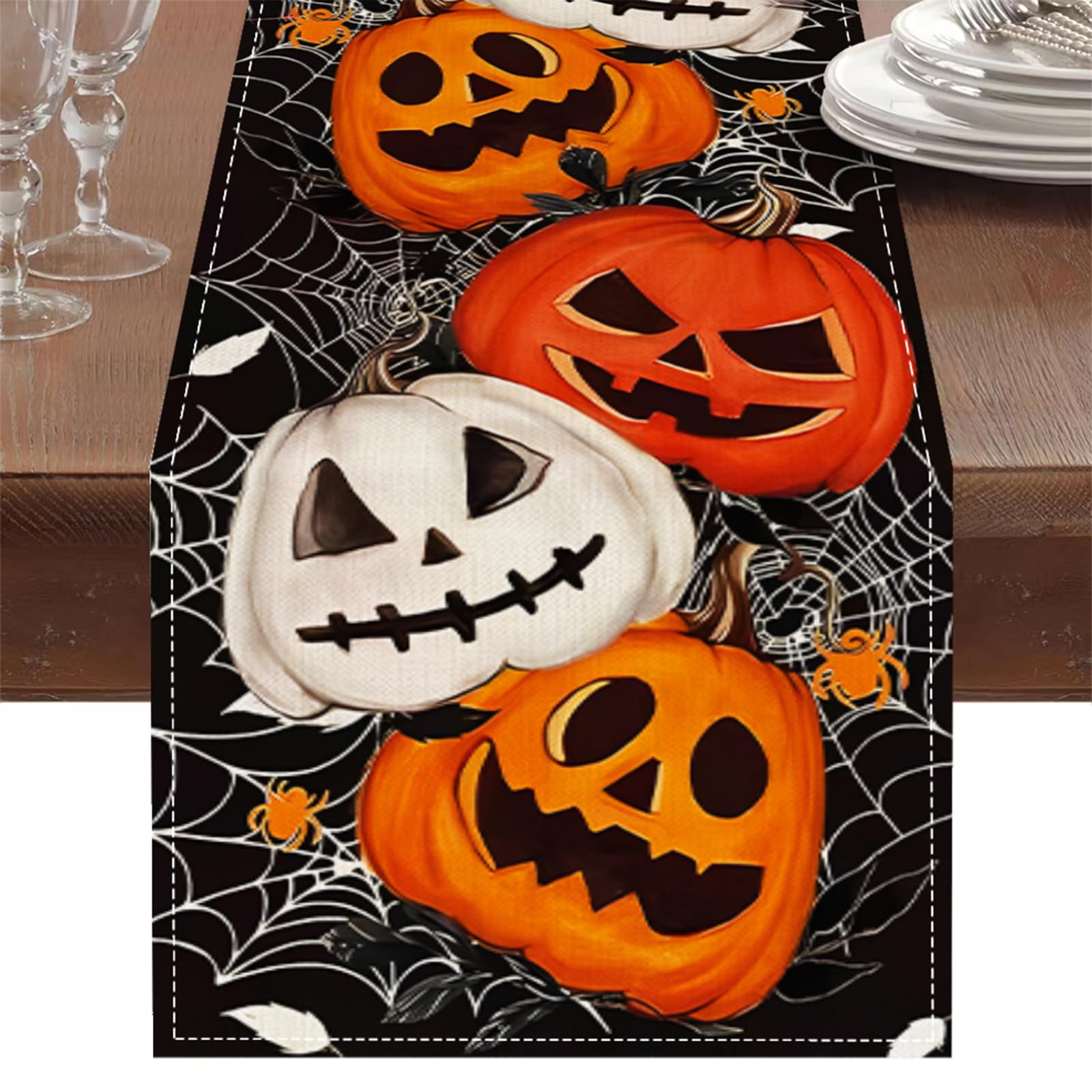 Oeyliz Halloween Pumpkins Table Runner Kitchen Dining Orange Table Runner Halloween Party Black Pumpkins Halloweens Table Cloth Decor Dinner Table Decoration 13 X 72 Inch