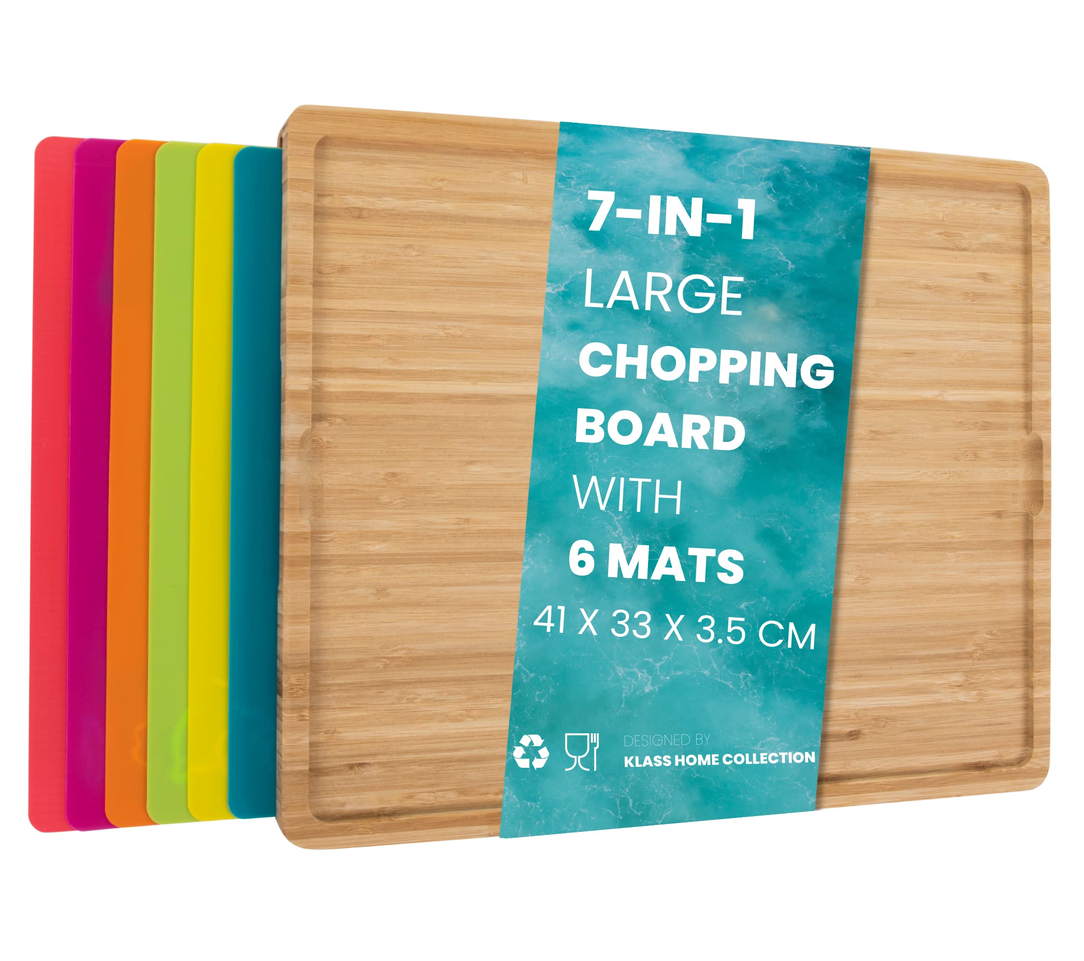 Klass Home Collection 7 in 1 Large Wooden Chopping Board Set with 6 Coloured PP Mats, Contamination Free Bamboo Cutting Boards for Kitchen with Integrated Plastic Mats for Cutting & Serving