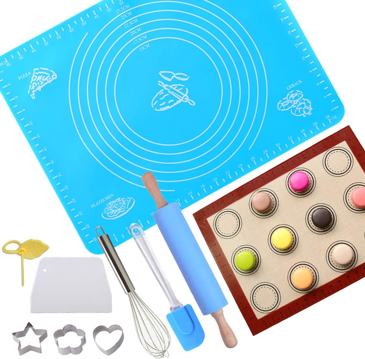 10 Pcs Silicone Baking Mat Multifunction Set:Measurements Pastry Rolling Mat, Macaron Baking Mat,Rolling Pin,Reusable Non-Stick Surface