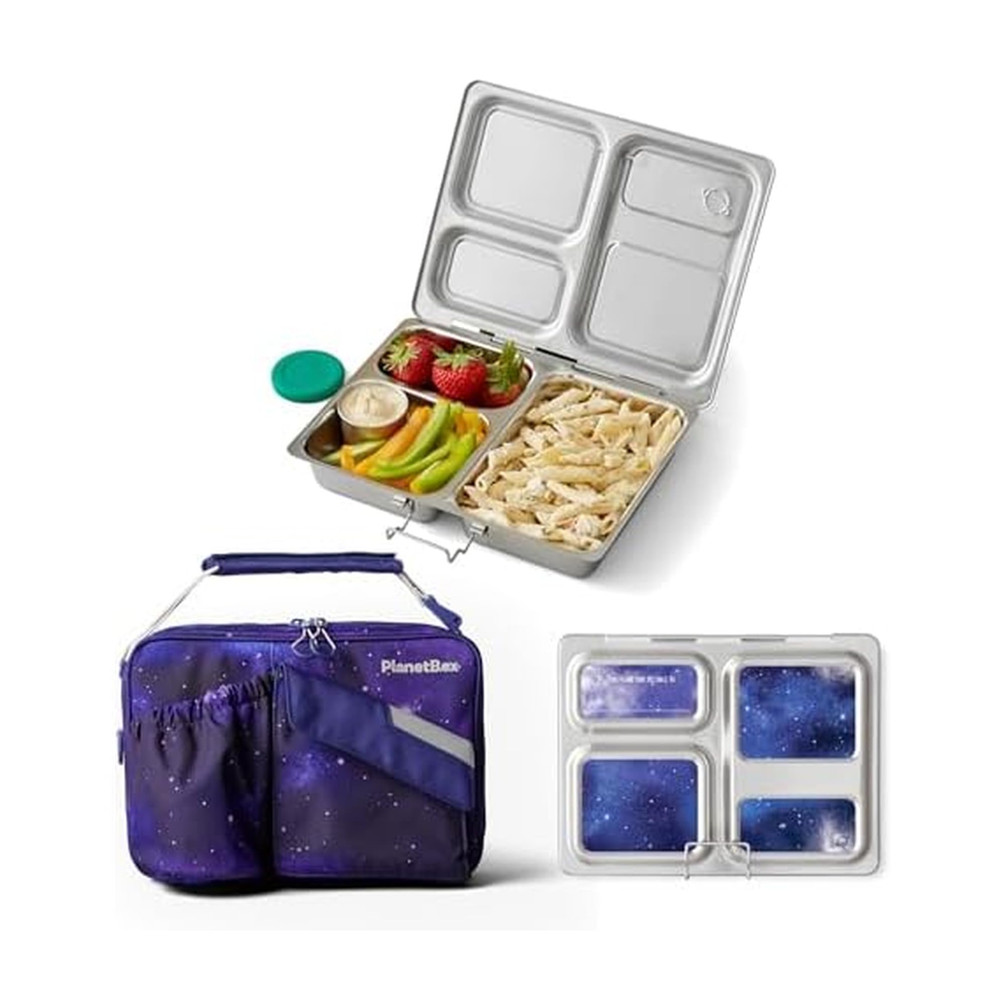 Photo 1 of PlanetBox Launch Stainless Steel Bento Box Style Lunch Box Kit for Kids and Teens with 3 Compartments, Stardust Edition includes Insulated Lunch Bag, Leakproof Food Containers and Matching Magnets