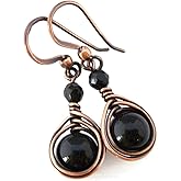 Pillar of Salt Studio Handcrafted Solid Copper Earrings with Black Onyx Gemstone (Antiqued Copper, 1" drop)