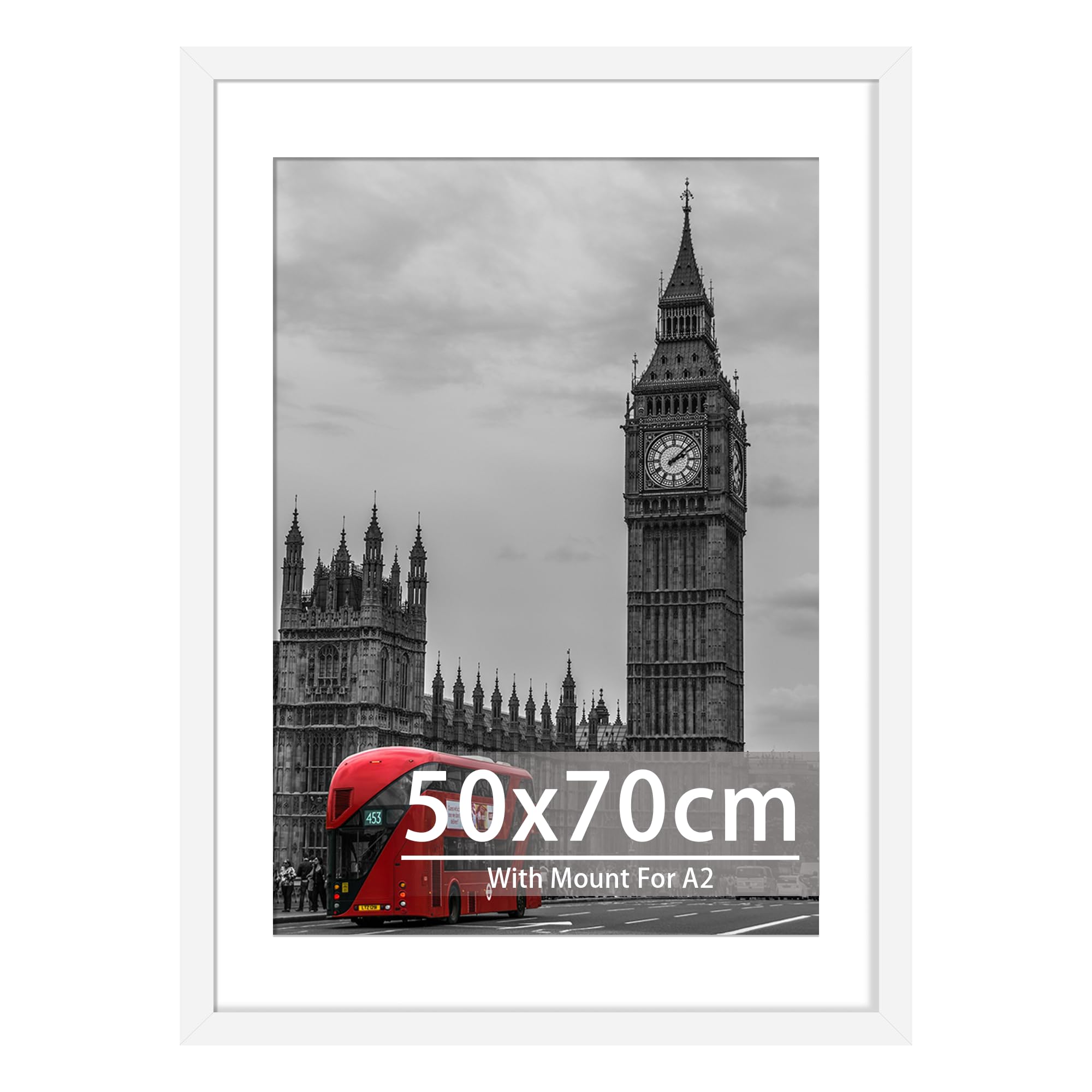 Tinkeps 50x70cm White Frame - Engineered Wood and Plexiglass, Picture Frames 50cm x 70cm with A2 Mount for 50x70cm/A2 Prints, Photos, and Posters, Wall Mountable - Poster Frames 50 x 70cm