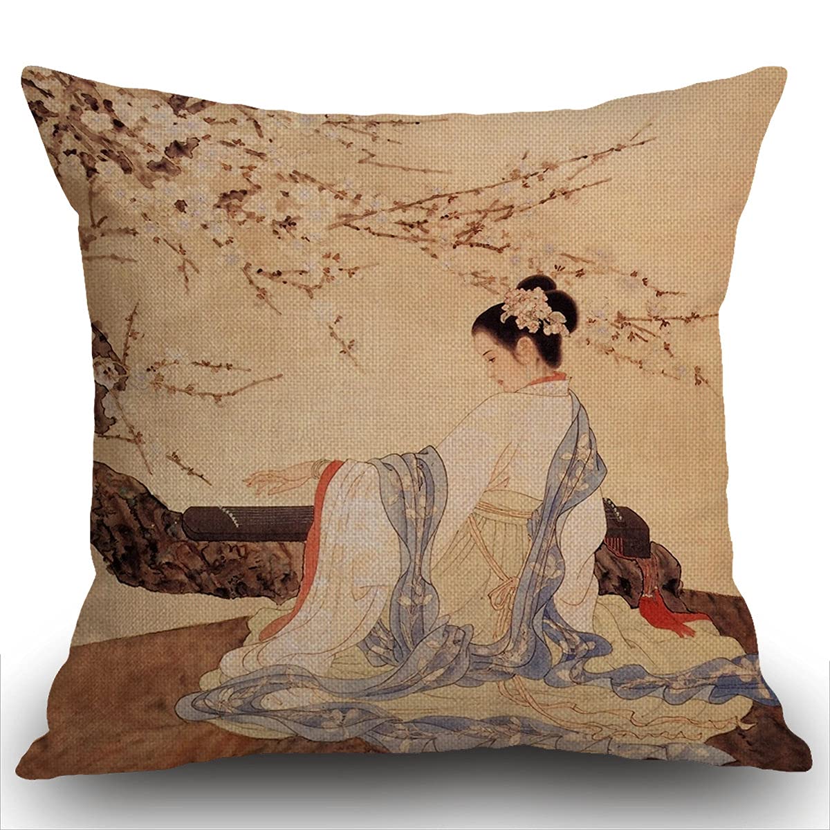 Smooffly Cushion Covers Ancient Chinese Beauty Girl Under Plum Blossom Play Zither - Soft Linen Pillow Case for Decorative Bedroom/Livingroom/Sofa/Farm House - Throw Pillow Cover Case 18x18 Inch
