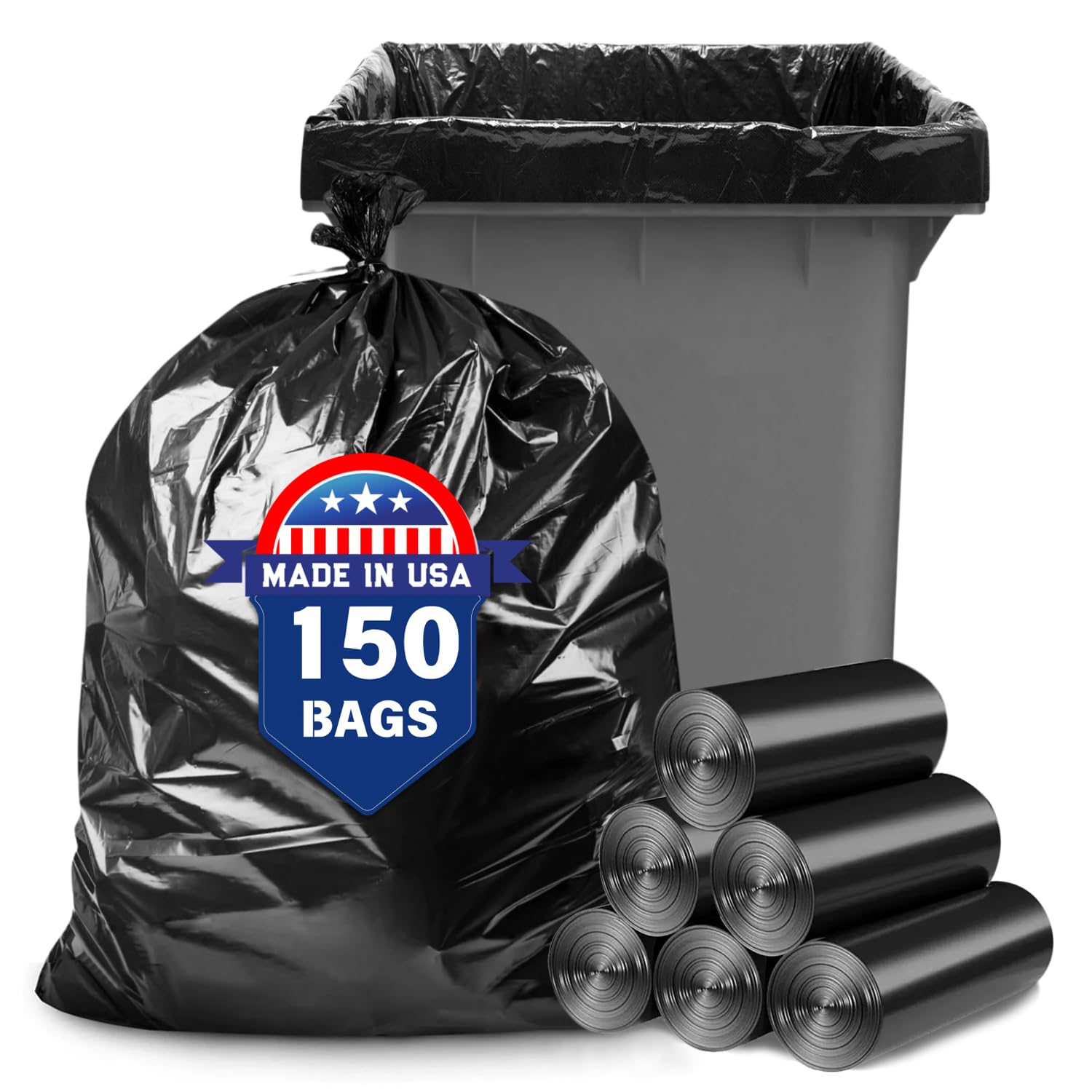 Photo 1 of 55-60 Gallon Trash Bags, 150 Count 38x55" Large Garbage Bags, Made in USA, High Density Multi-Use Lawn Leaf bags, Heavy Duty Waste Bags, Large Trash Liners for Kitchen Yard Outdoor Commercial Use