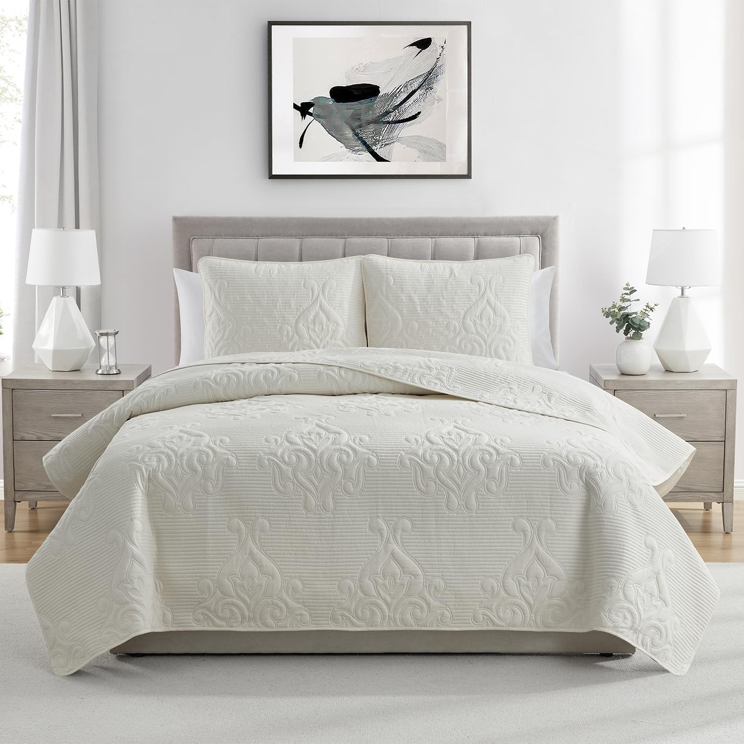 VCNY Home King 3-Piece Quilt Set - Quilt & Pillow Shams | Elegant Textured Design | Soft & Smooth Microfiber | Lightweight & Breathable, Comfortable for All-Seasons | Easy Wash | Solomun Ivory Image