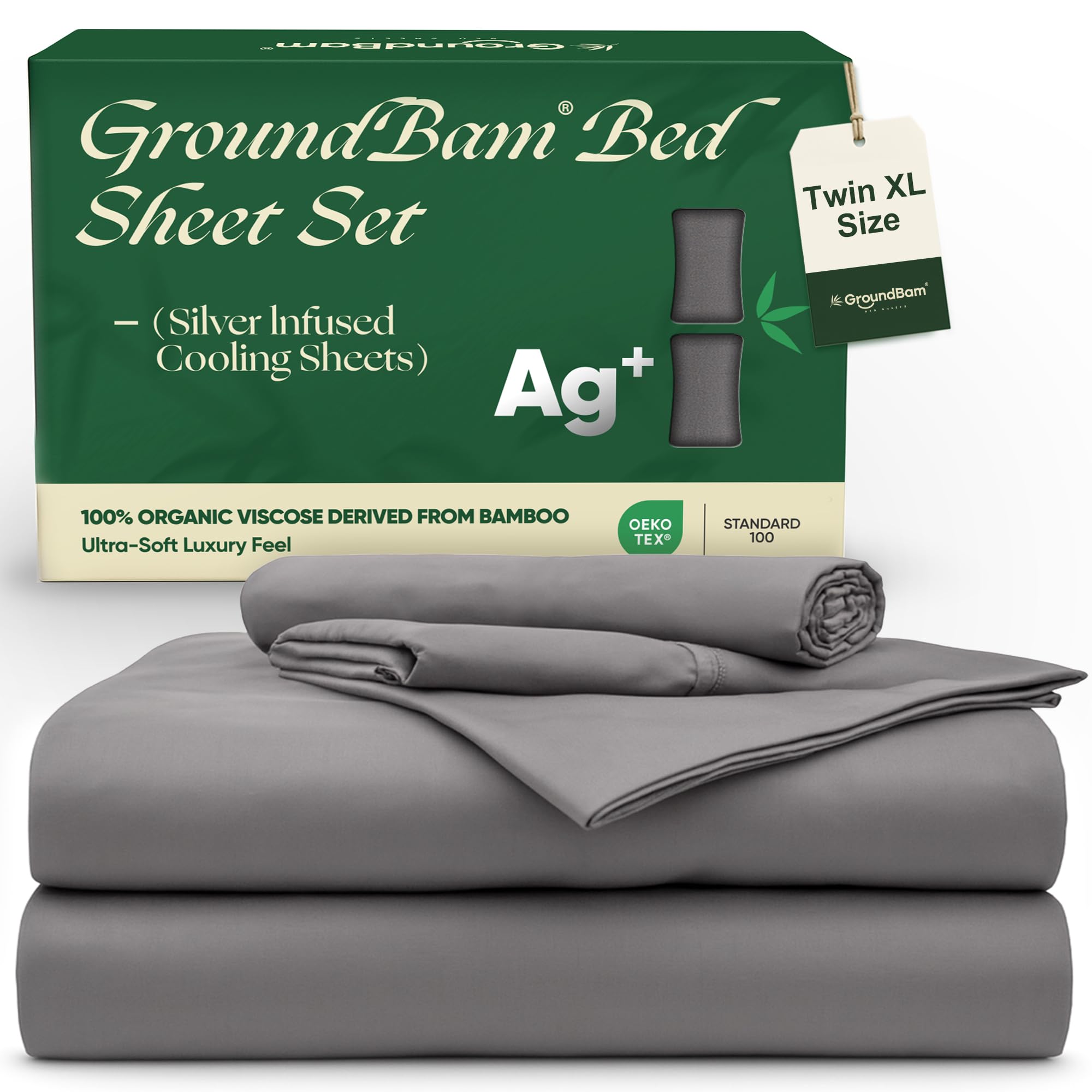 Photo 1 of GroundBam Silver Infused Bed Sheets Set, Temperature-Regulating Fabric with Self-Cleaning Technology for 3X Freshness Sleep, Genuine 100% Organic Viscose Derived from Bamboo (Gray, Twin XL)