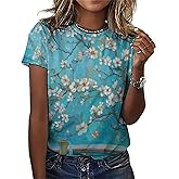 joo meryer Women's Art Oil Painting Starry Night Short Sleeve Loose Fit T-Shirts Tunic Top