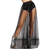 WDIRARA Women's Mesh Sheer Ruffle Maxi Skirt Elastic Waist A Line Flowy Tulle Skirts