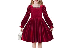 Arshiner Toddler Velvet Dress Girls Smocked Square Neck Puff Long Sleeve Party Dresses with Pockets 3-8Y