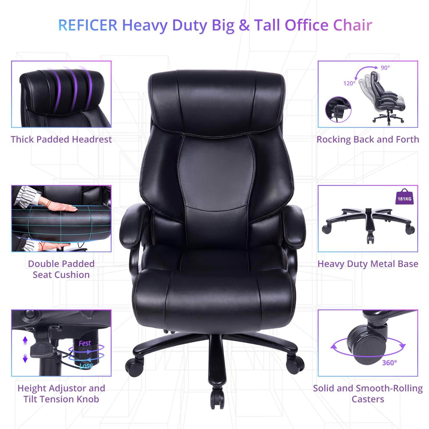 REFICCER High Back Big & Tall 400lb Leather Office Chair Executive Desk