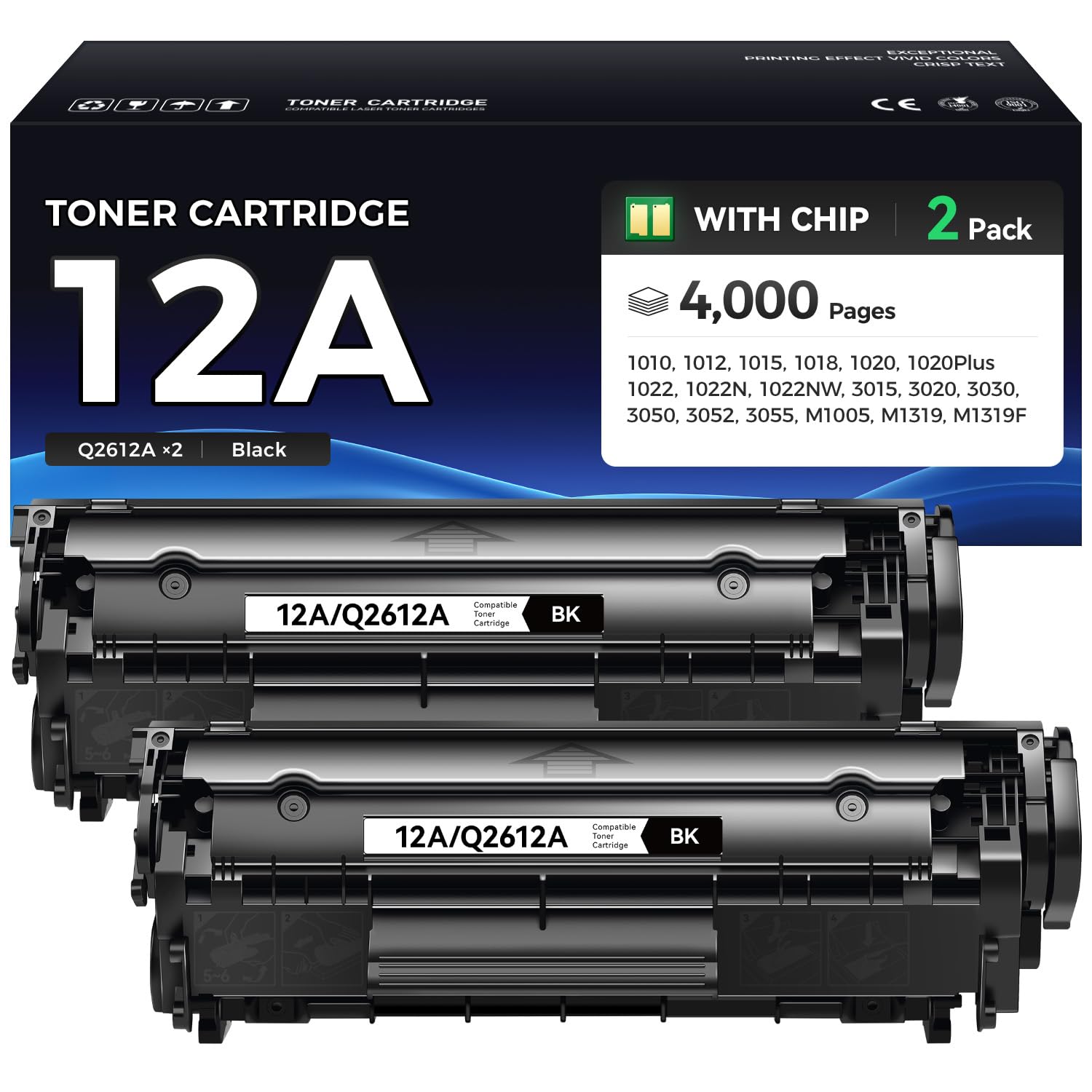 View 1 of 12A Toner Cartridge Black 2-Pack Replacement for HP 12A Q2612A Compatible with HP LaserJet MFP M1005 M1319f 1010 1012 1015 1018 1020 Plus 1022 1022n 1022nw 3015 3020 3030 3050z 3050 3052 3055 Printer