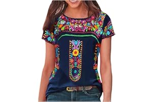 LMDUDAN Mexican Embroidered Shirt for Women Summer Short Sleeve Ethnic Style Tops Boho Floral Print Dressy Blouse Loose Tunic