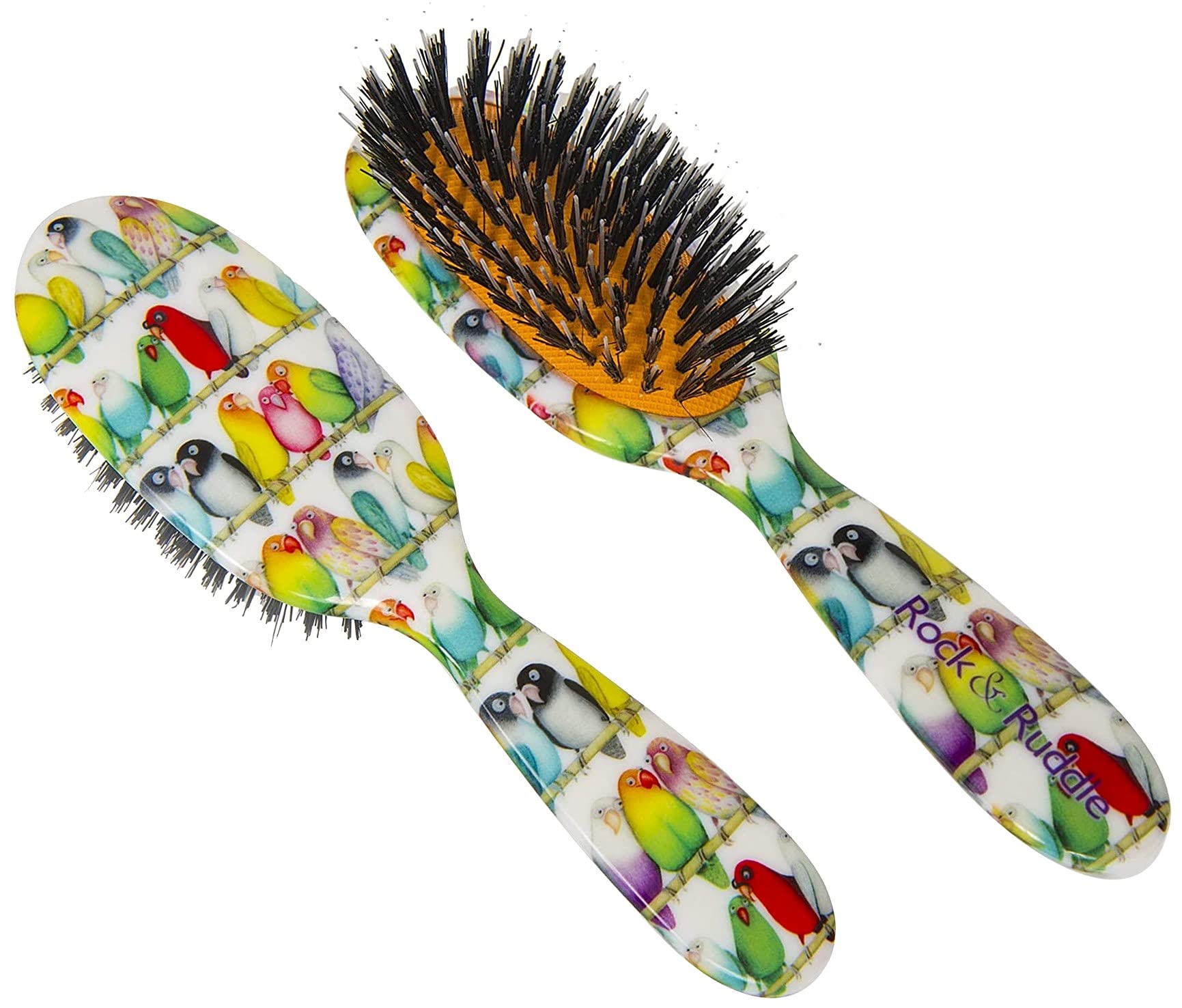 Rock & Ruddle Natural Mixed Boar Bristle Hair Brush for Women and Kids (Small/Travel Size, 17.5cm) - Perfect for Wet or Dry Hair, Detangling Smoothing Blowdrying - Made in UK - Lovebirds Design
