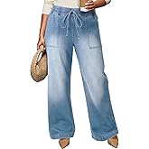 Eytino Womens Plus Size Jeans High Waisted Straight Leg Wide Leg Jean Trendy Stretchy Drawstring Denim Pants(1X-5X)