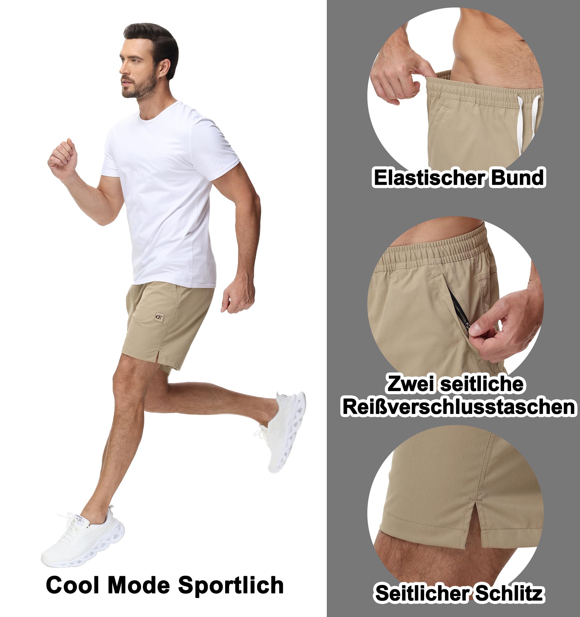 YuKaiChen Lässige Shorts Herren Kurze Hosen Sommer Klassische Twill Tunnelzug Stretch Elastische Taille mit Reißverschlusstaschen Größe L Khaki 4