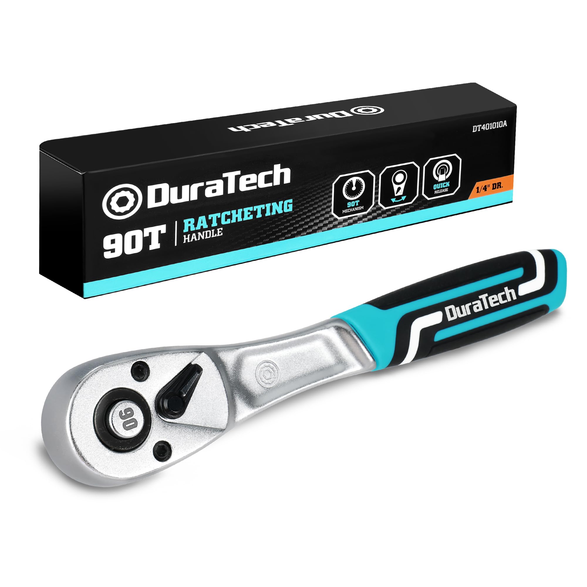 DURATECH Ratchet Handle, 1/4” Square Drive, Reversible Ratchet 90-Teeth, Made of Chrome Vanadium Steel, Small Actuation Angle 4° for Tight Installation Spaces