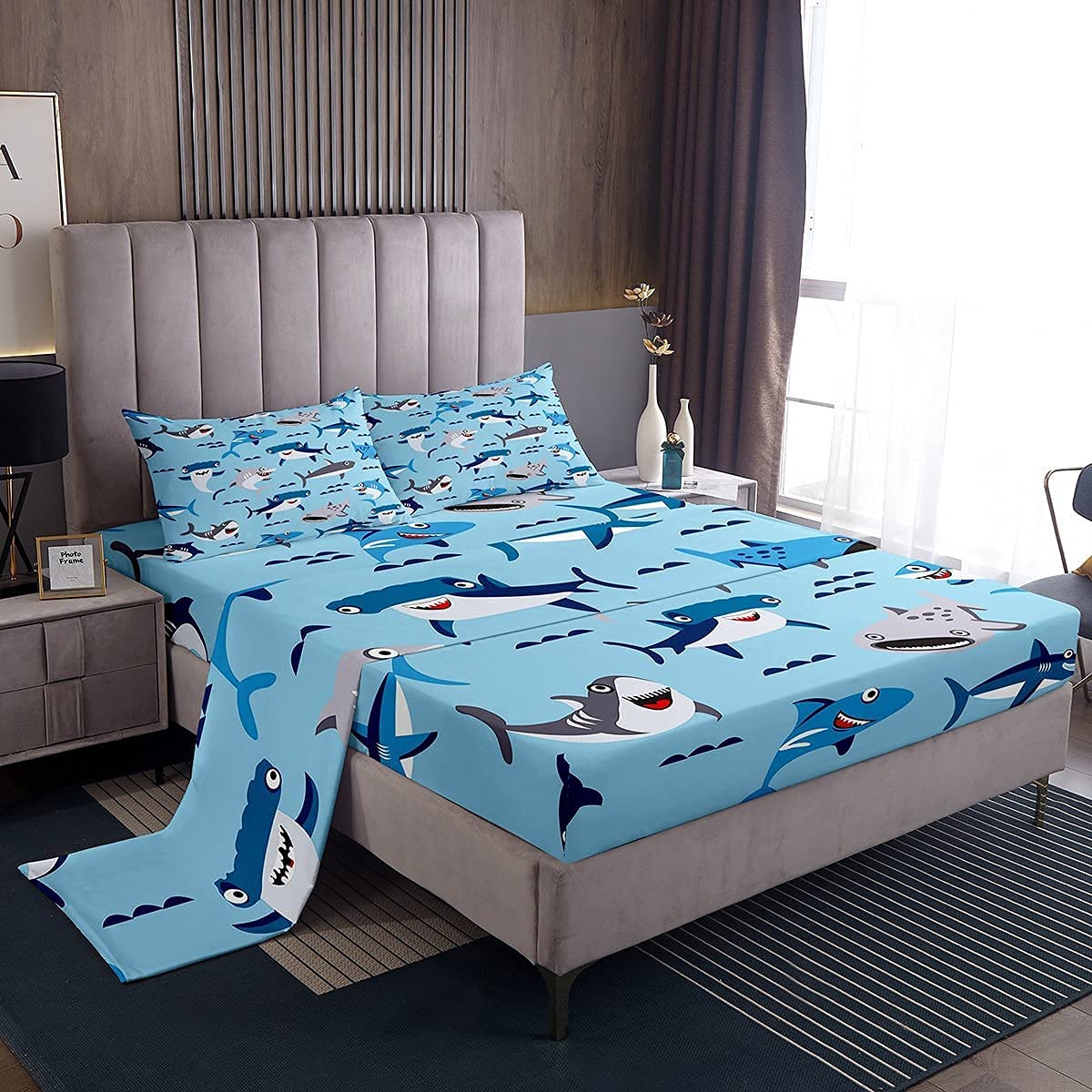 Cute Shark Bed Sheet for Kids Boys Girls Ocean Animal Sheet Set Cartoon Shark Fitted Sheet 1 Flat Sheet & 1 Sheet with 2 Pillowcase (Double)