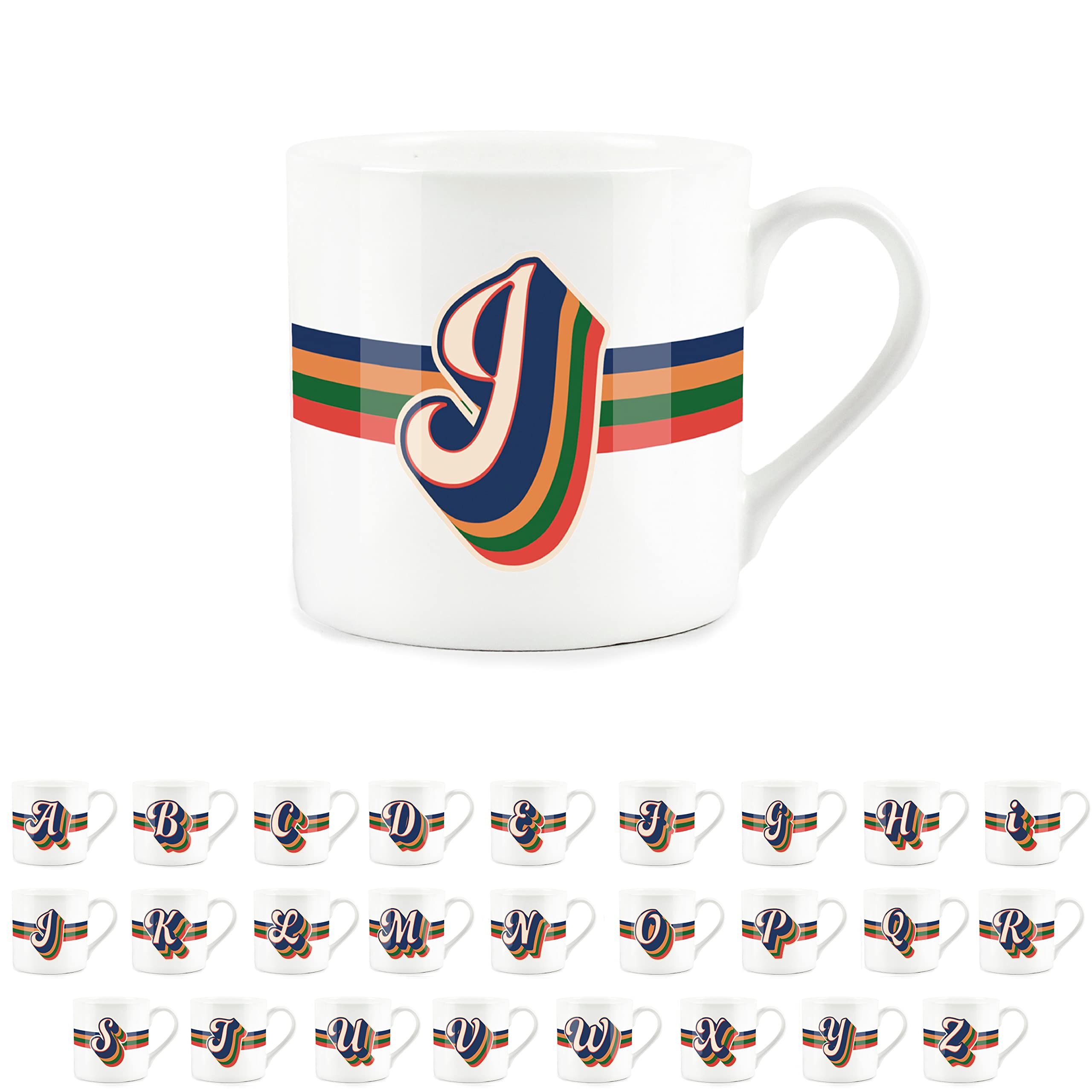 Purely Home Retro Alphabet Letter J Mug - Bone China White Coffee Tea Present Personalised Initial Gift