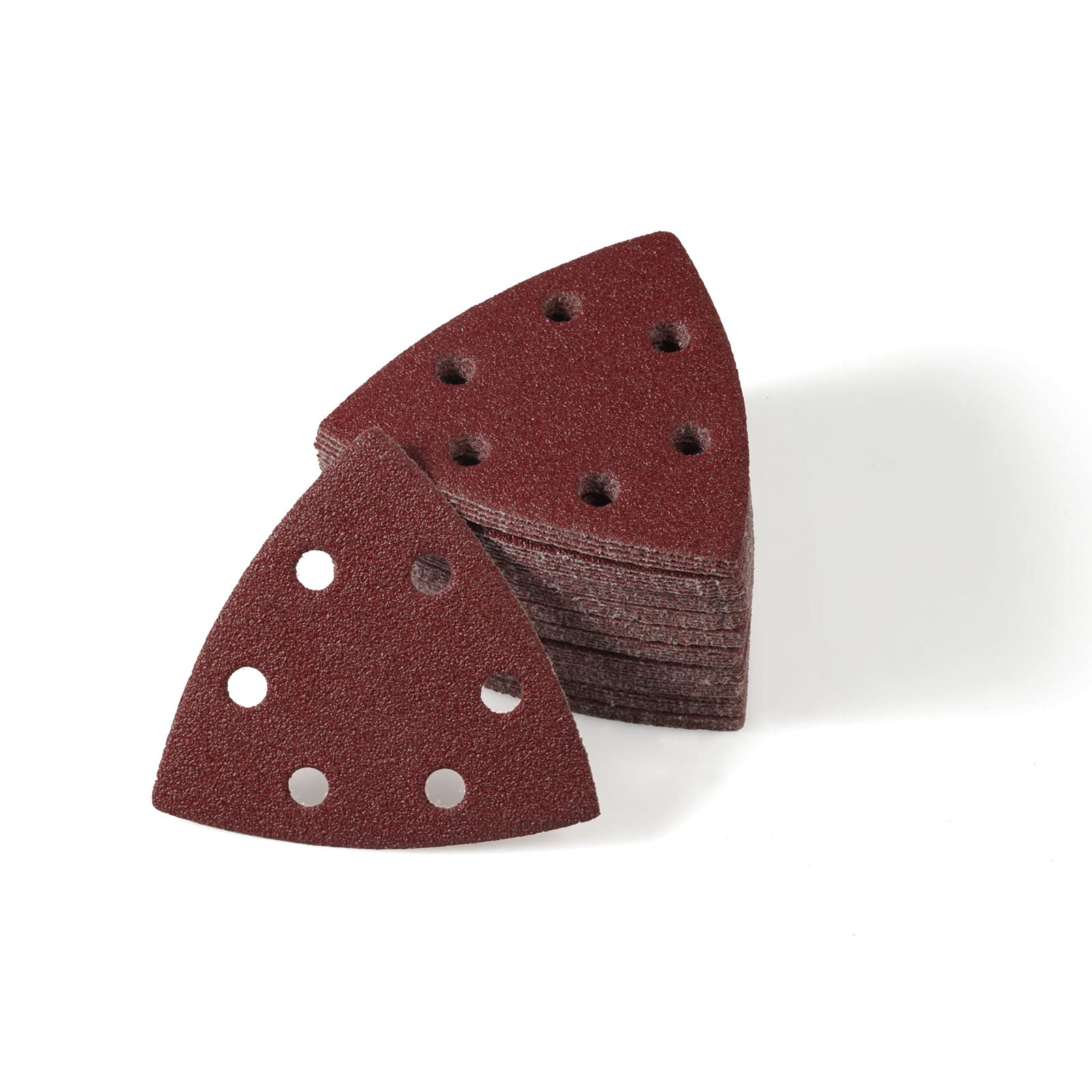 LEONTOOL 50 Pcs Triangle Sanding Pads, Detail Sandpaper 6 Holes, Hook and Loop Sanding Disc 3-1/2 Inches, 60 Grit Sanding Paper for Wood Metal Polishing