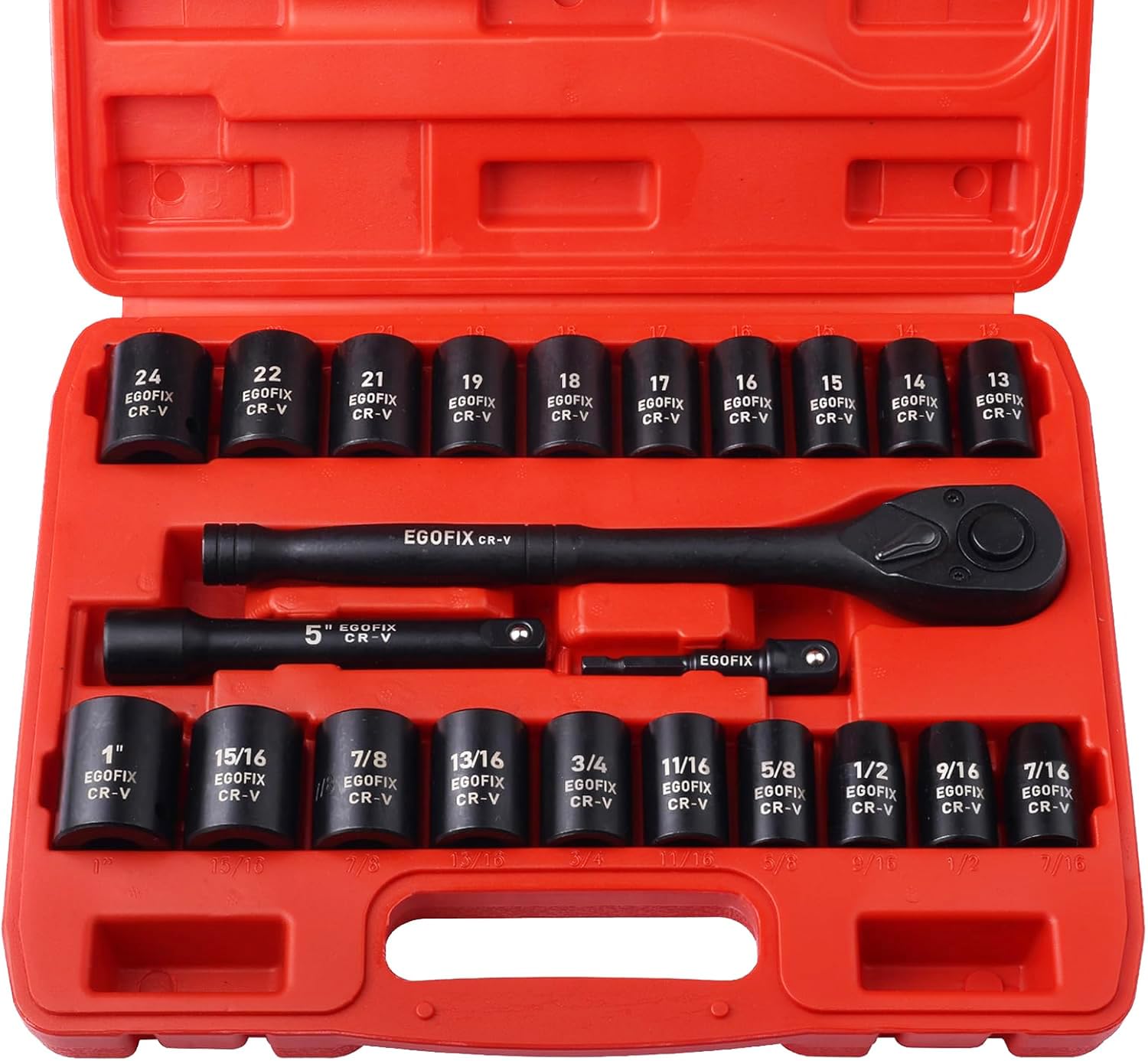 EGOFIX 1/2" Drive Impact Socket Set, 23 Piece Metric (13-19, 21, 22, 24mm) and SAE (7/16 to 1 inch) Tool Set with 72 Tooth Reversible Ratchet, with Storage Box for Auto Repairing Image